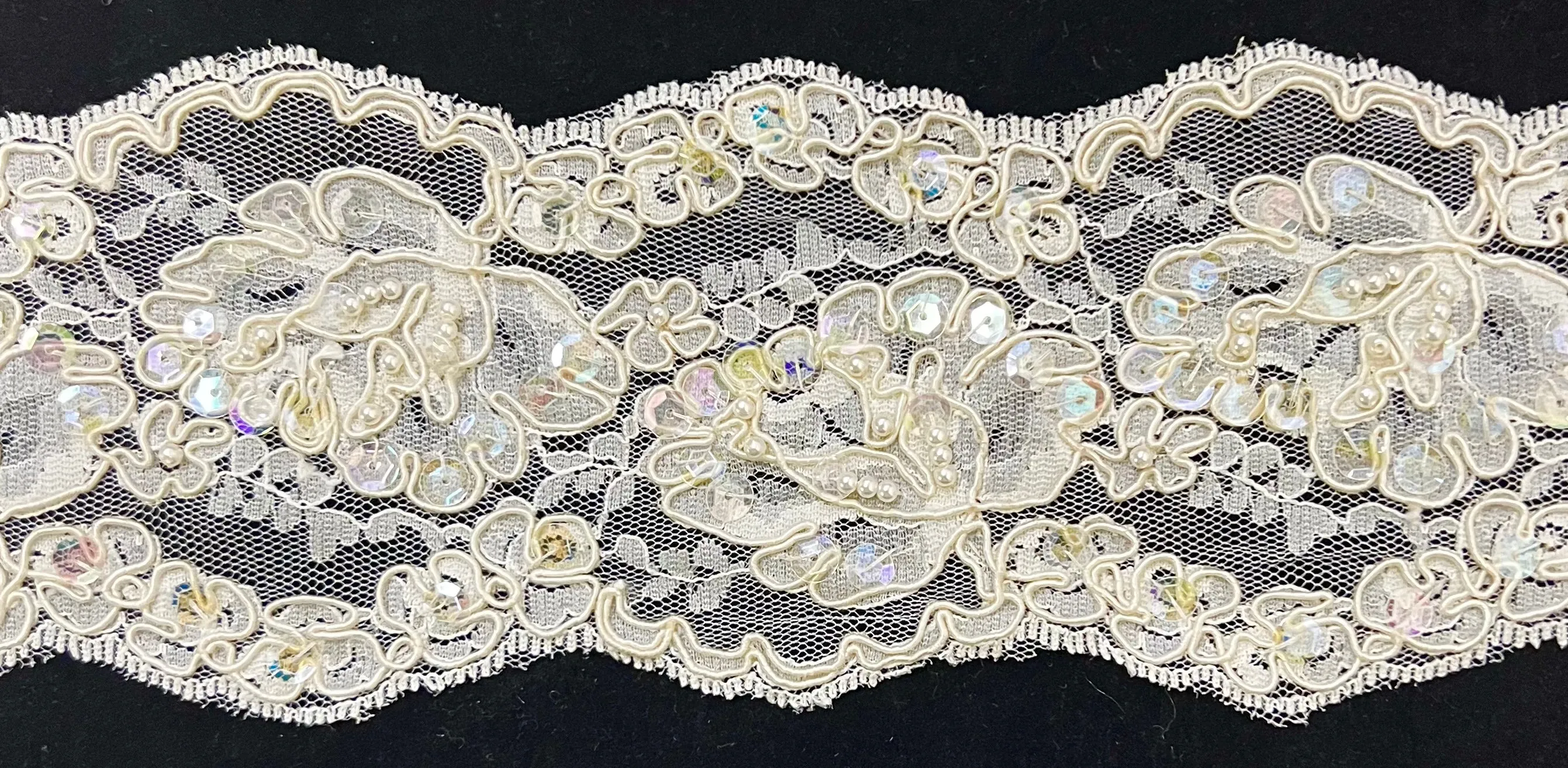 3.5" Beaded & Corded Bridal Embroidered Lace Trimming - 1 Yard!