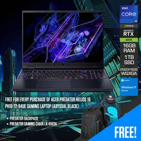 Acer Predator Helios 16 PH16-72-94UE Gaming Laptop (Abyssal Black) | 16" WQXGA (2560x1600) 240Hz | i9-14900HX | 16GB RAM | 1TB SSD | RTX 4070 | Windows 11 Home | Predator Backpack | Predator Gaming Chair LK-8103A