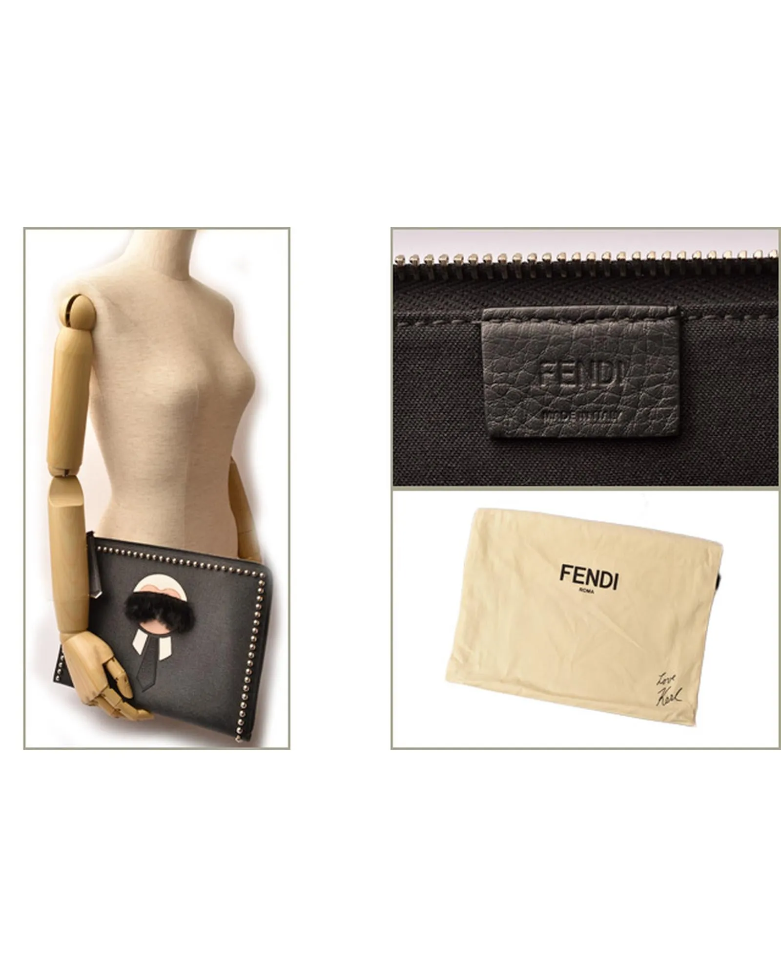 Authentic Fendi Leather Clutch Bag with Karlito Design