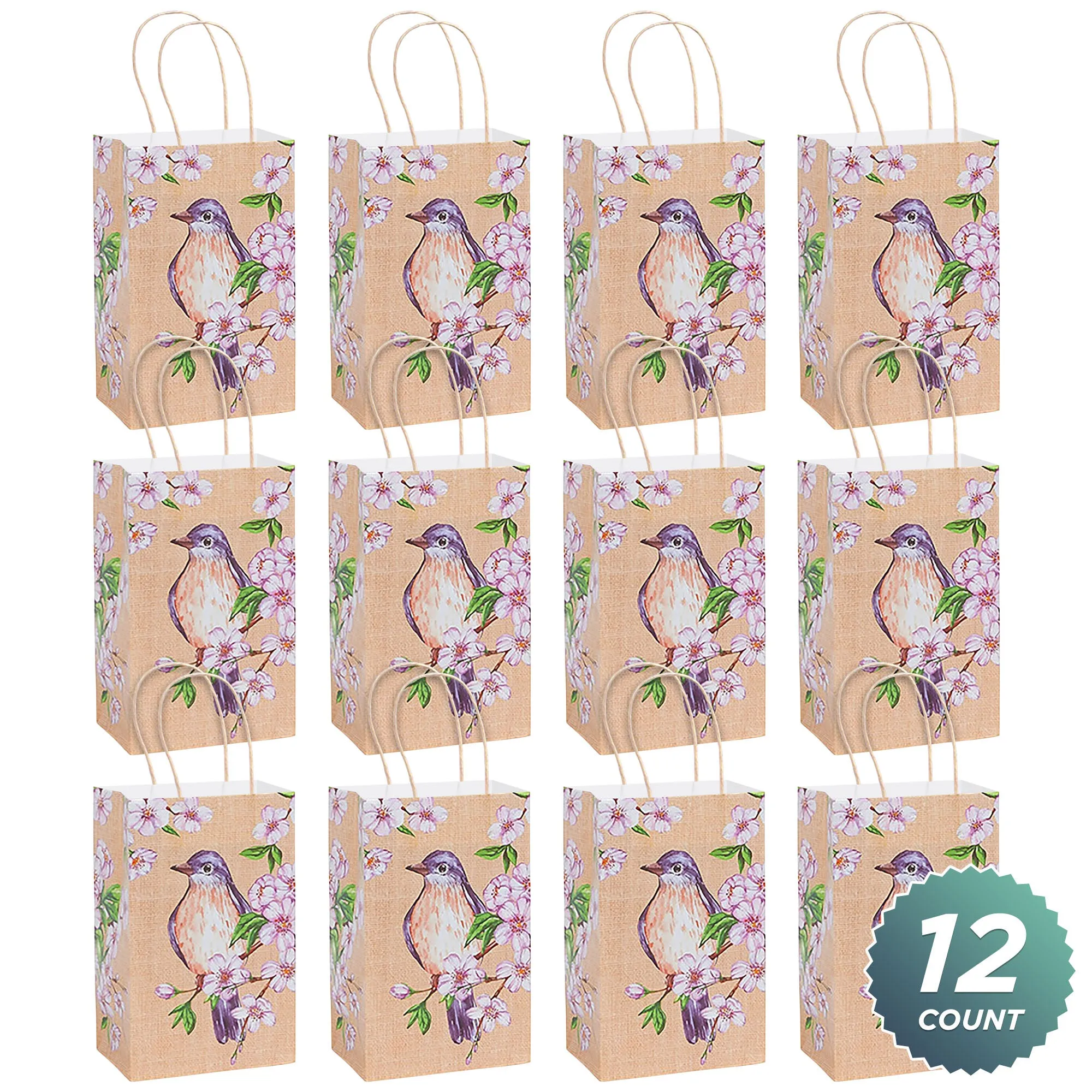 Backyard Birds & Florals Paper Gift Bags and Party Favor Bags, Small 5.25x3.5 x 8.25" (12 Pack)