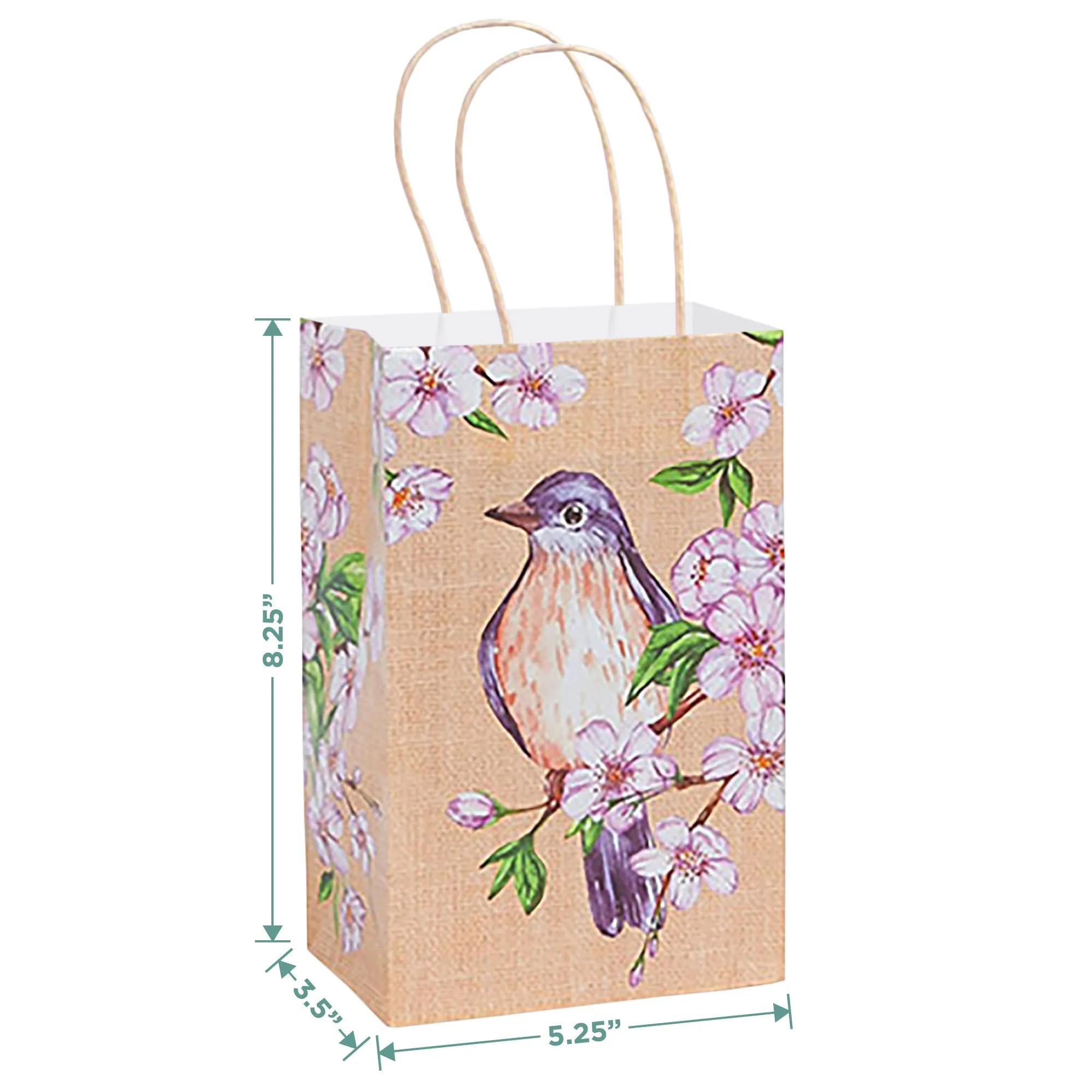 Backyard Birds & Florals Paper Gift Bags and Party Favor Bags, Small 5.25x3.5 x 8.25" (12 Pack)