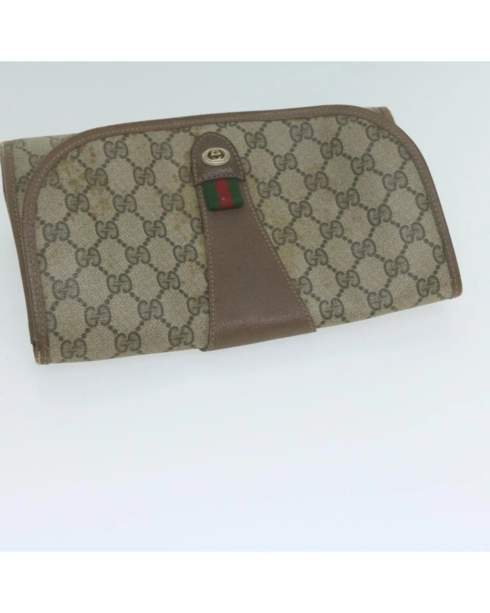 Beige GG Supreme Web Clutch Bag with PVC Leather and GG Canvas