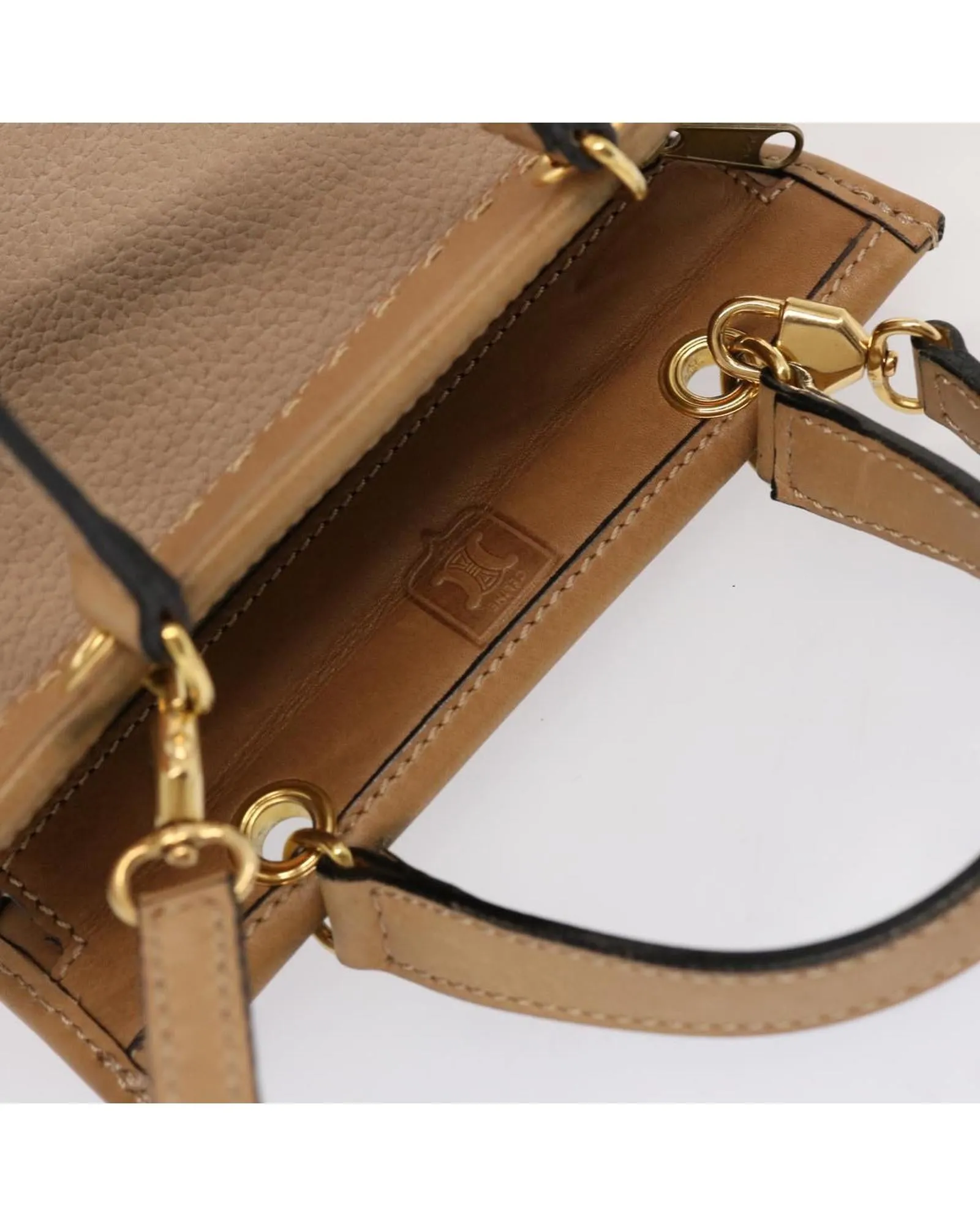 Beige Leather 2-Way Hand Bag with Shoulder Strap