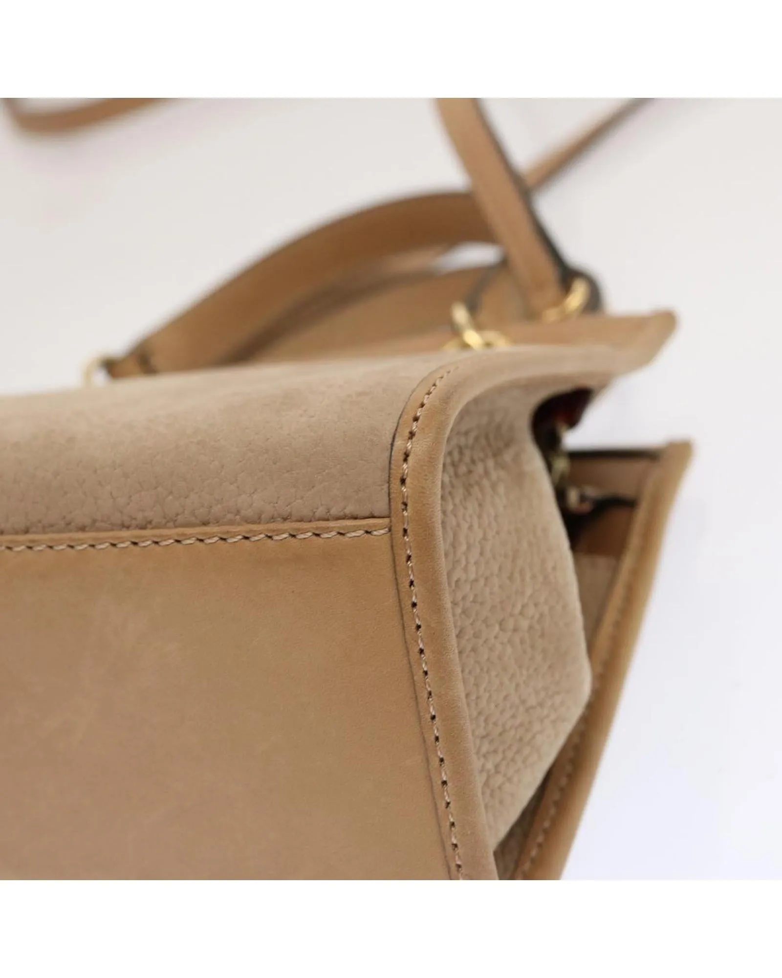 Beige Leather 2-Way Hand Bag with Shoulder Strap