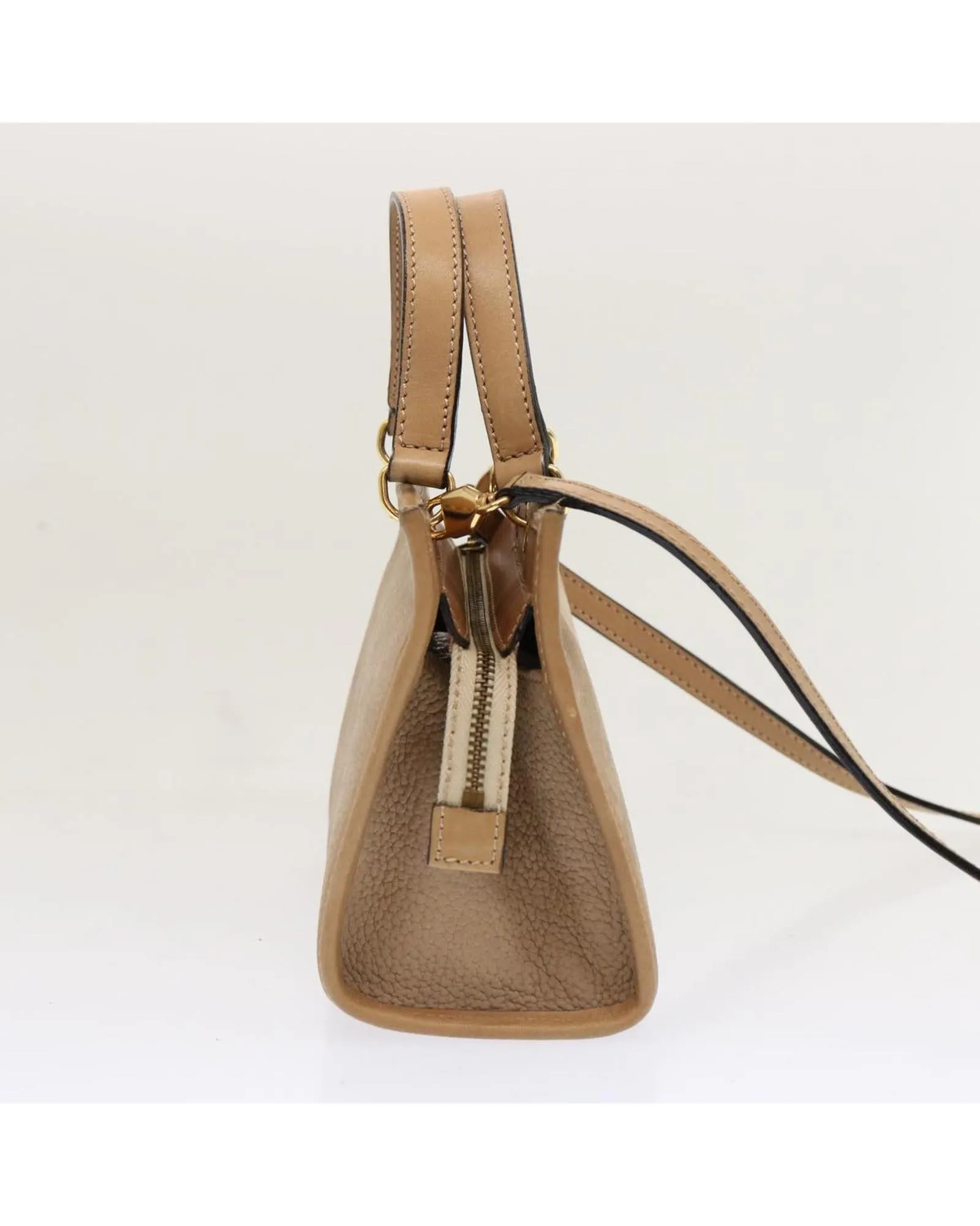 Beige Leather 2-Way Hand Bag with Shoulder Strap