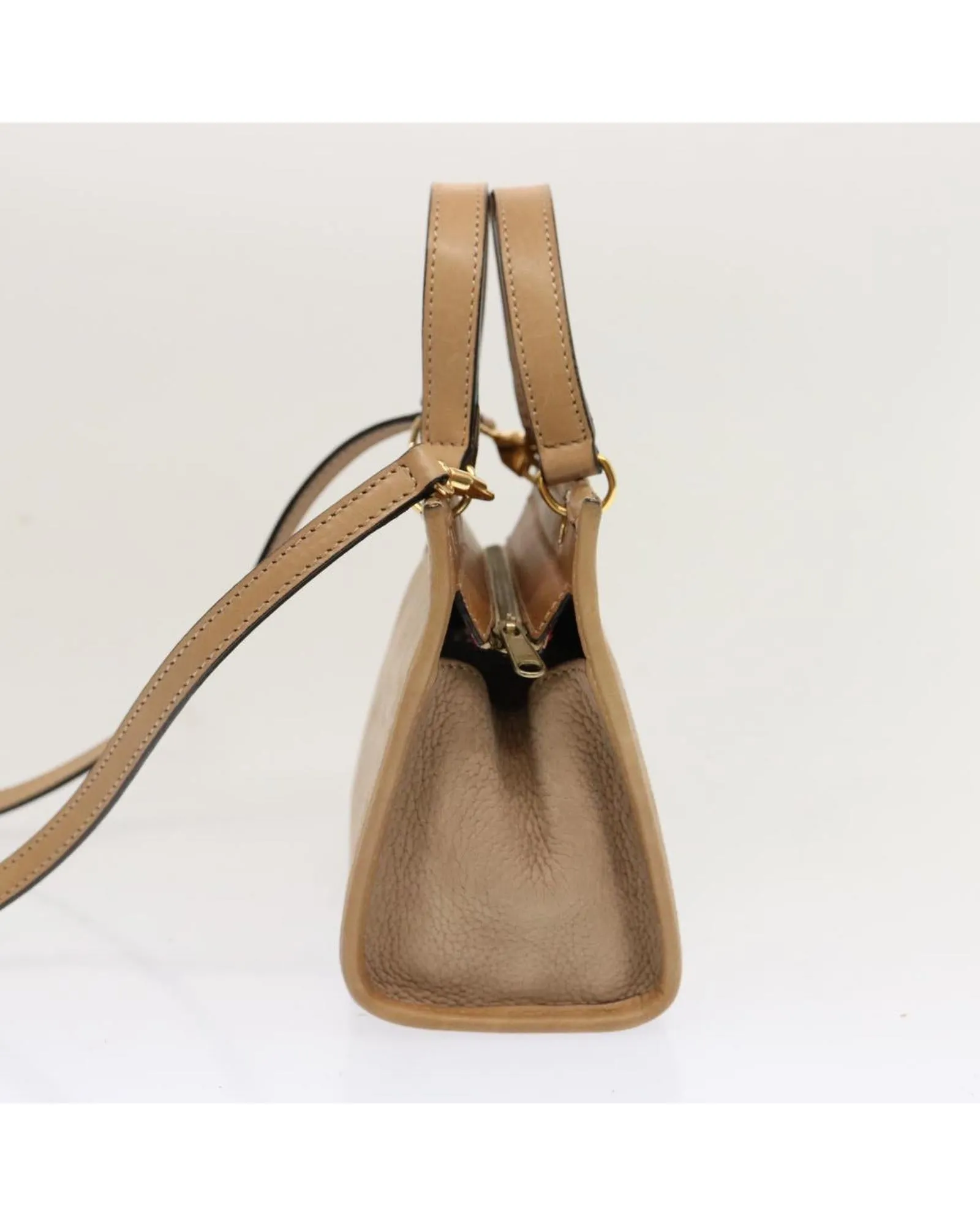 Beige Leather 2-Way Hand Bag with Shoulder Strap