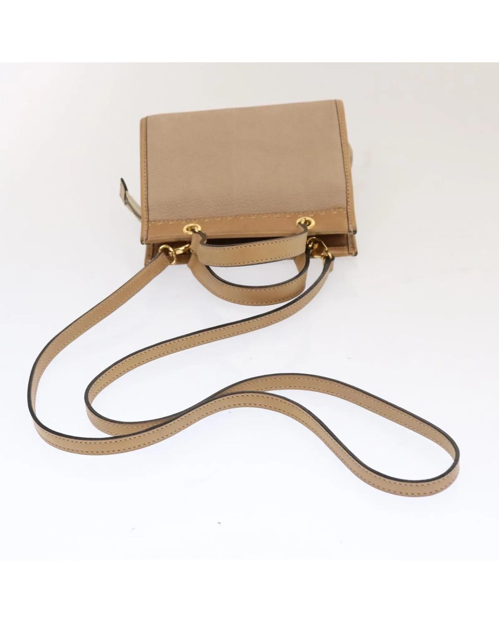 Beige Leather 2-Way Hand Bag with Shoulder Strap