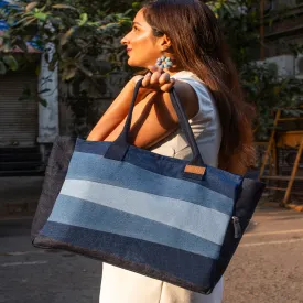 Blue - Upcycled Eco Friendly Denim Jeans Striped Laptop Tote