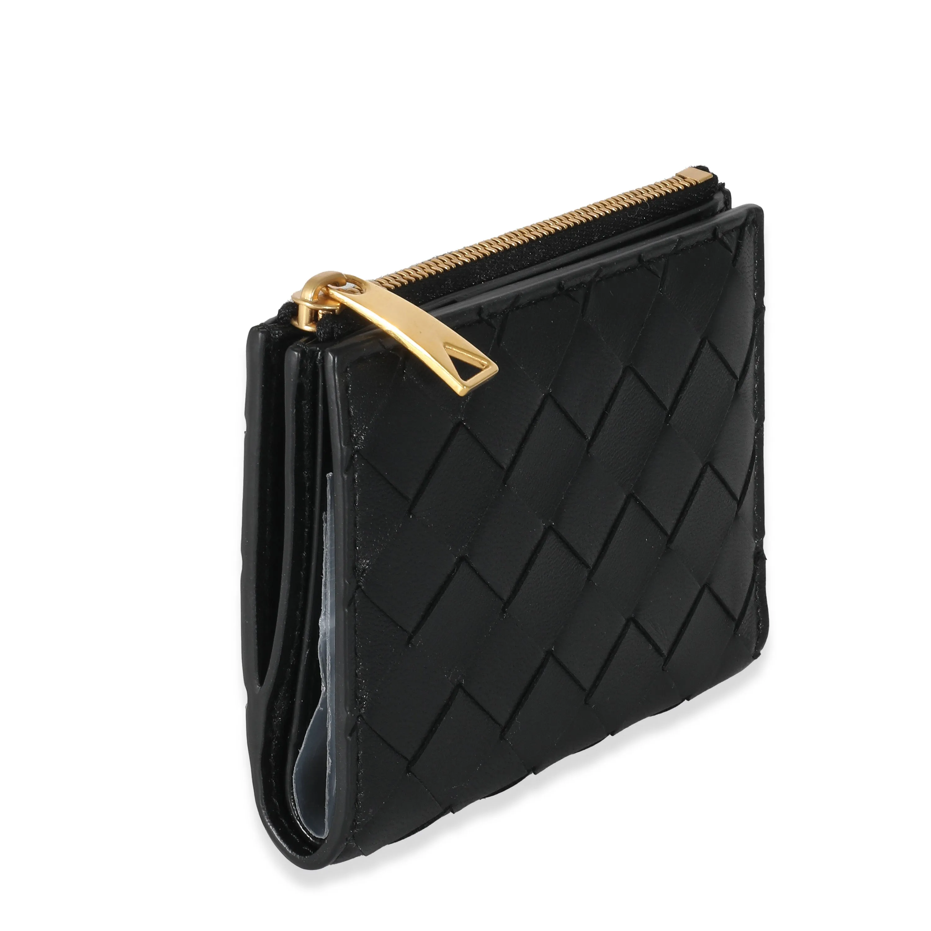 Bottega Veneta Black Intrecciato Lambskin Tri-Fold Zip Wallet