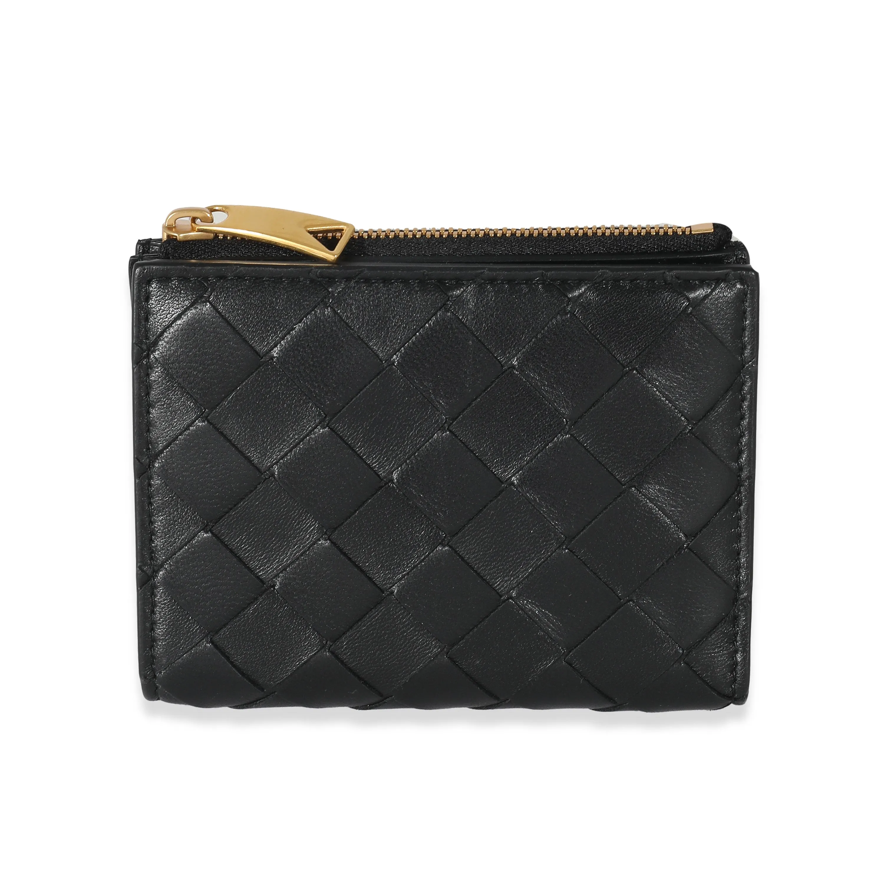 Bottega Veneta Black Intrecciato Lambskin Tri-Fold Zip Wallet