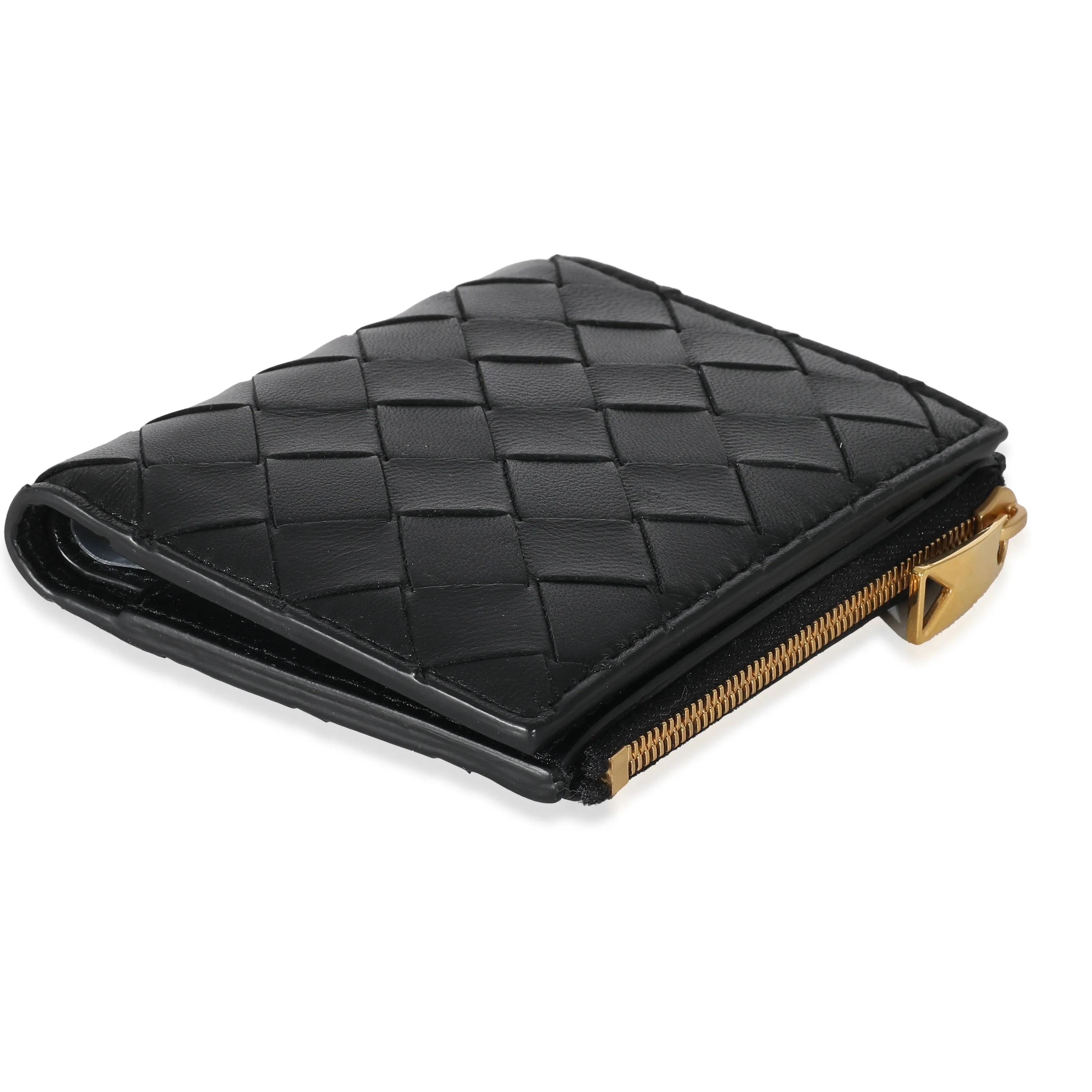 Bottega Veneta Black Intrecciato Lambskin Tri-Fold Zip Wallet