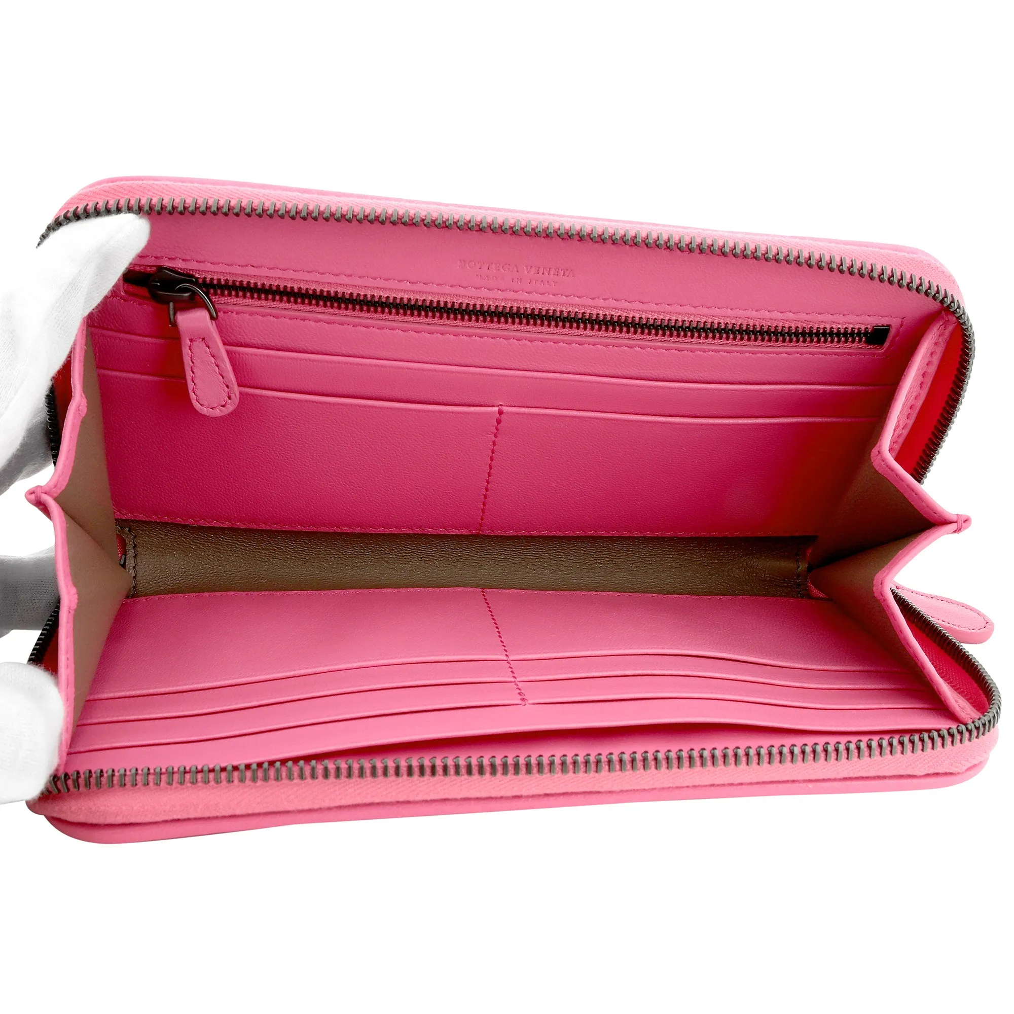 Bottega Veneta Intrecciato Zipper French Calf Leather Wallet Pink