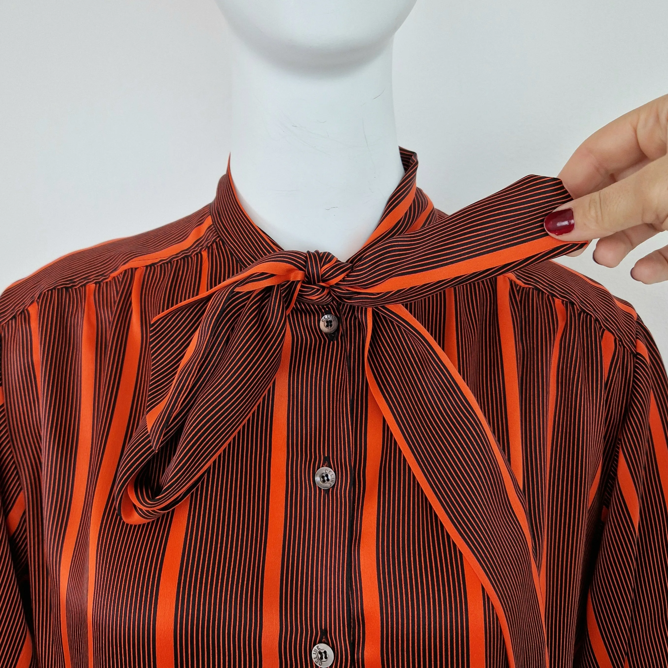 Camicia vintage Céline seta righe nero e arancio