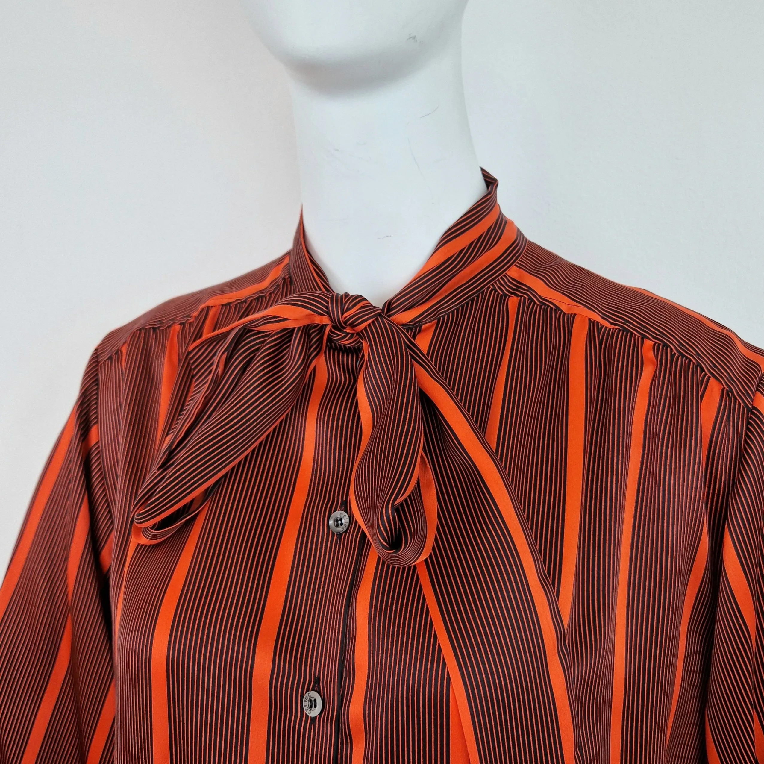 Camicia vintage Céline seta righe nero e arancio