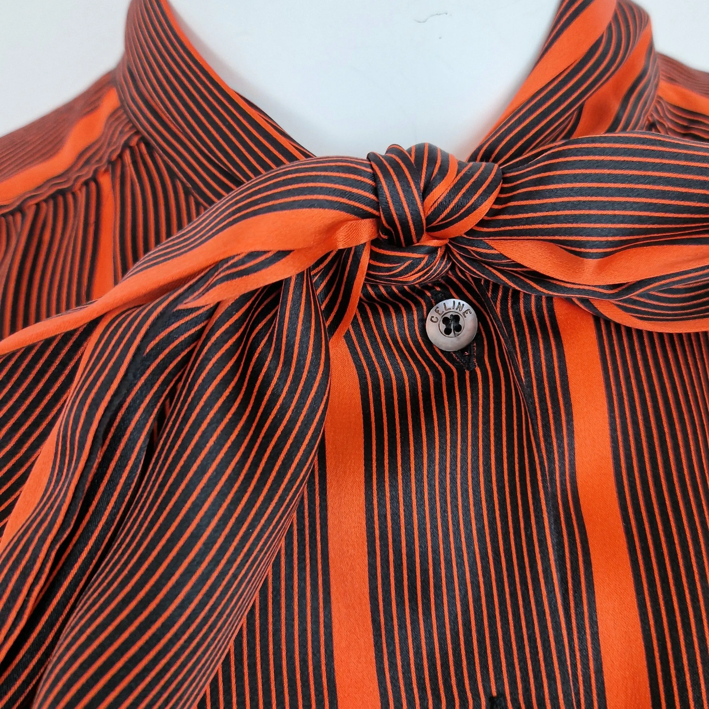 Camicia vintage Céline seta righe nero e arancio