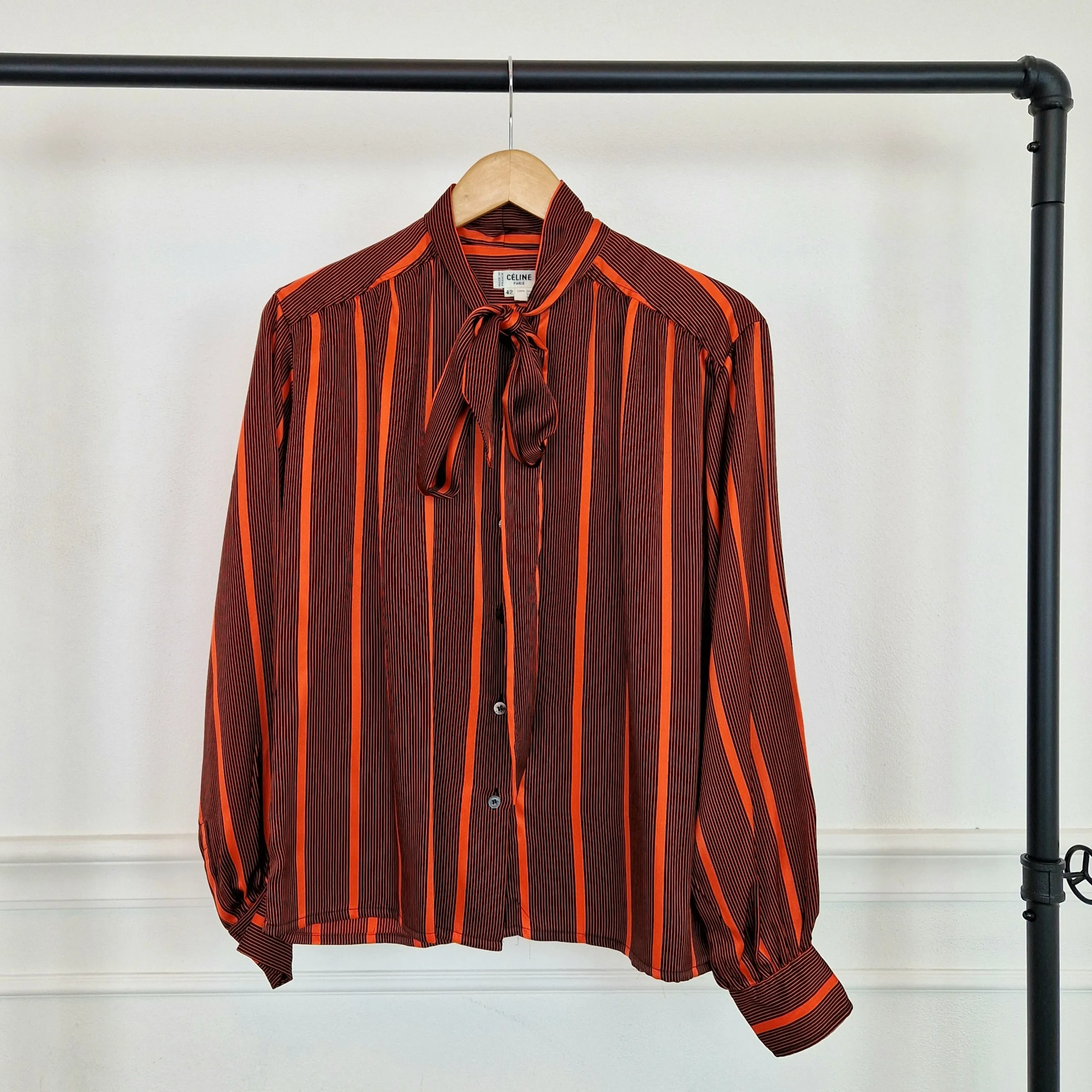 Camicia vintage Céline seta righe nero e arancio