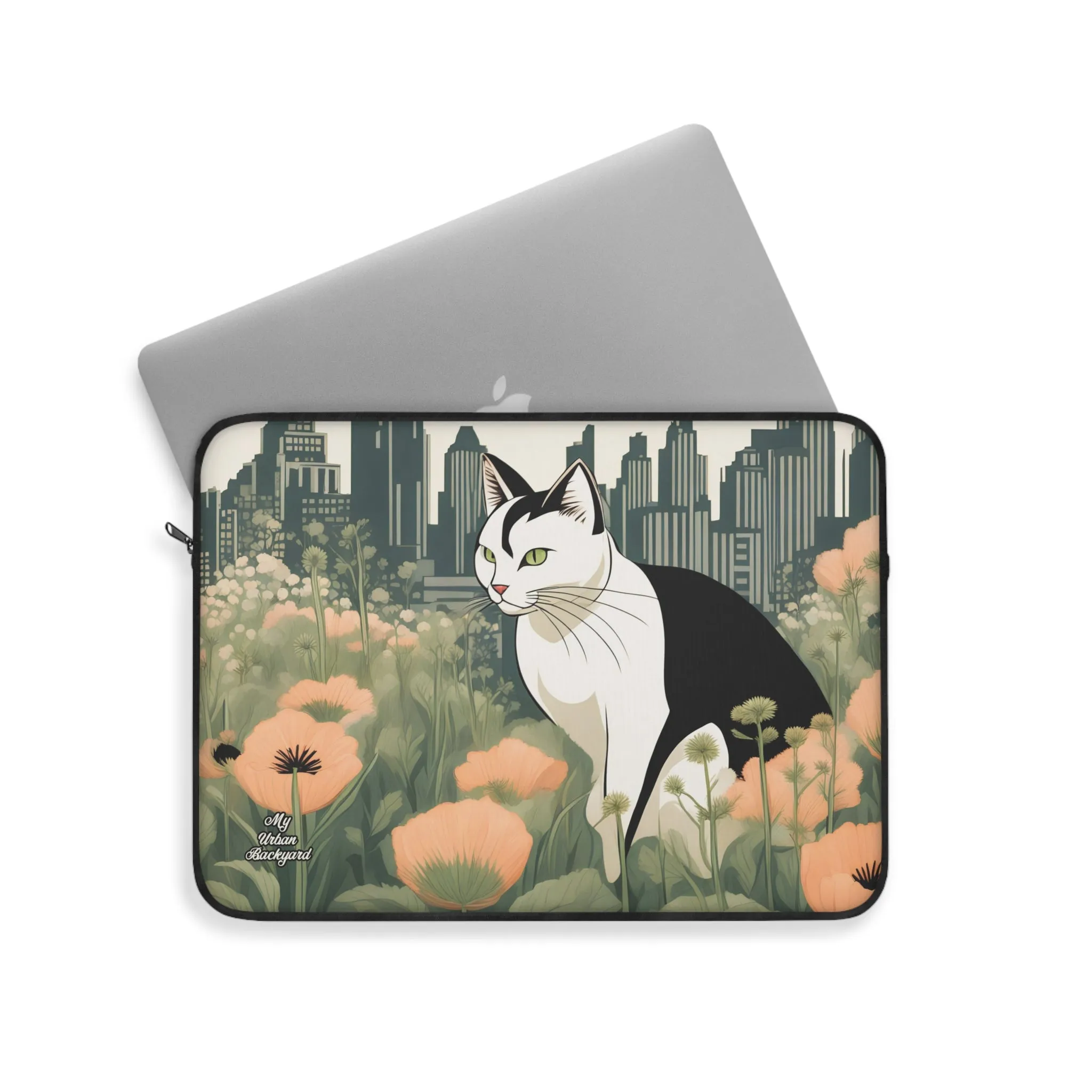 City Cat with Flowers, Laptop Carrying Case, Top Loading Sleeve for School or Work