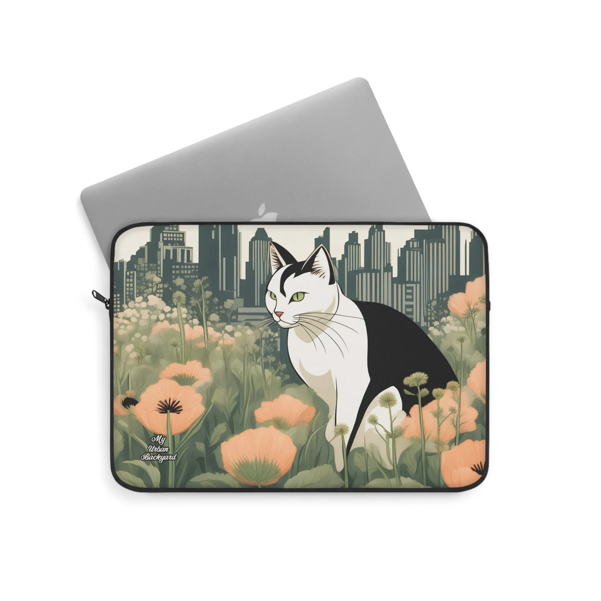 City Cat with Flowers, Laptop Carrying Case, Top Loading Sleeve for School or Work