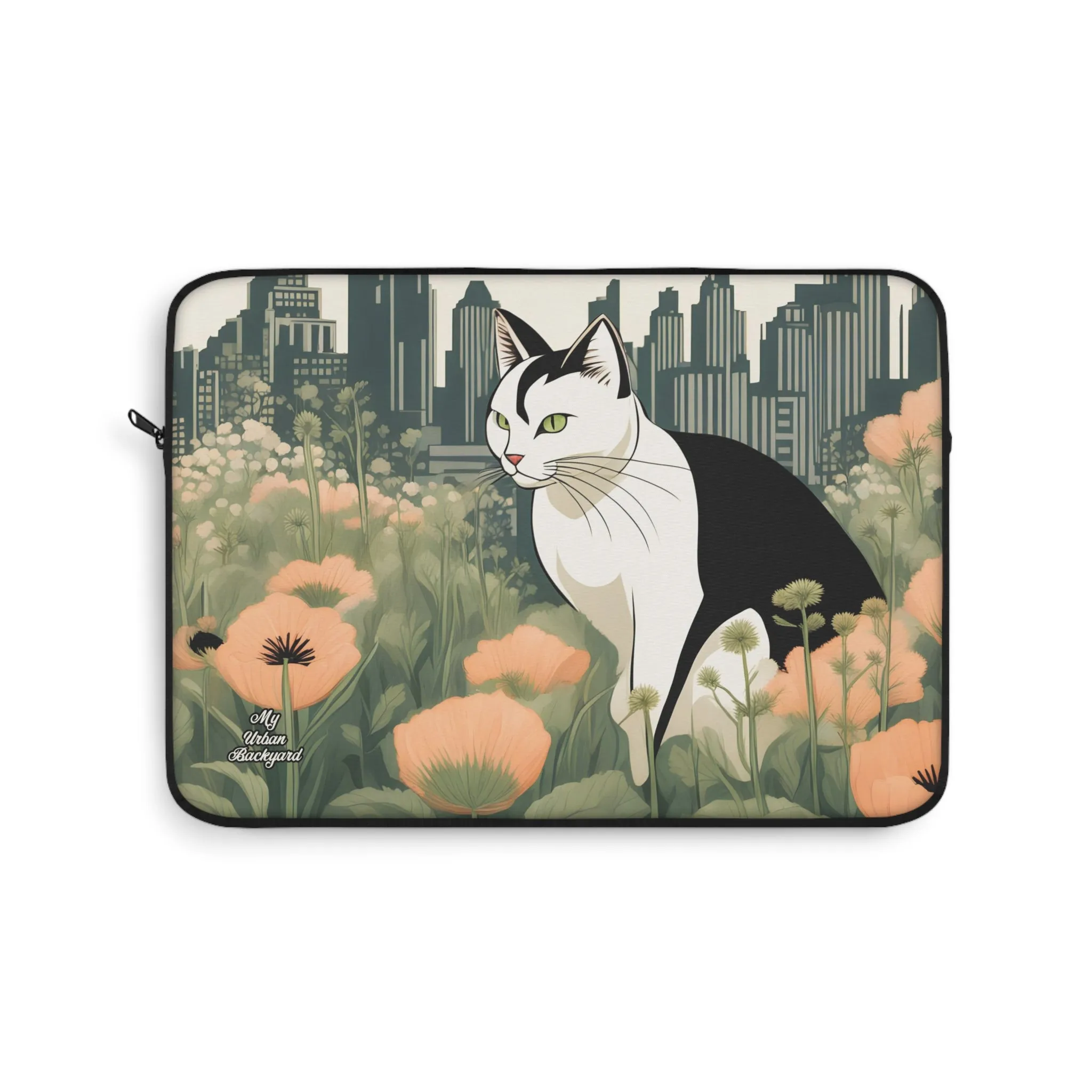 City Cat with Flowers, Laptop Carrying Case, Top Loading Sleeve for School or Work