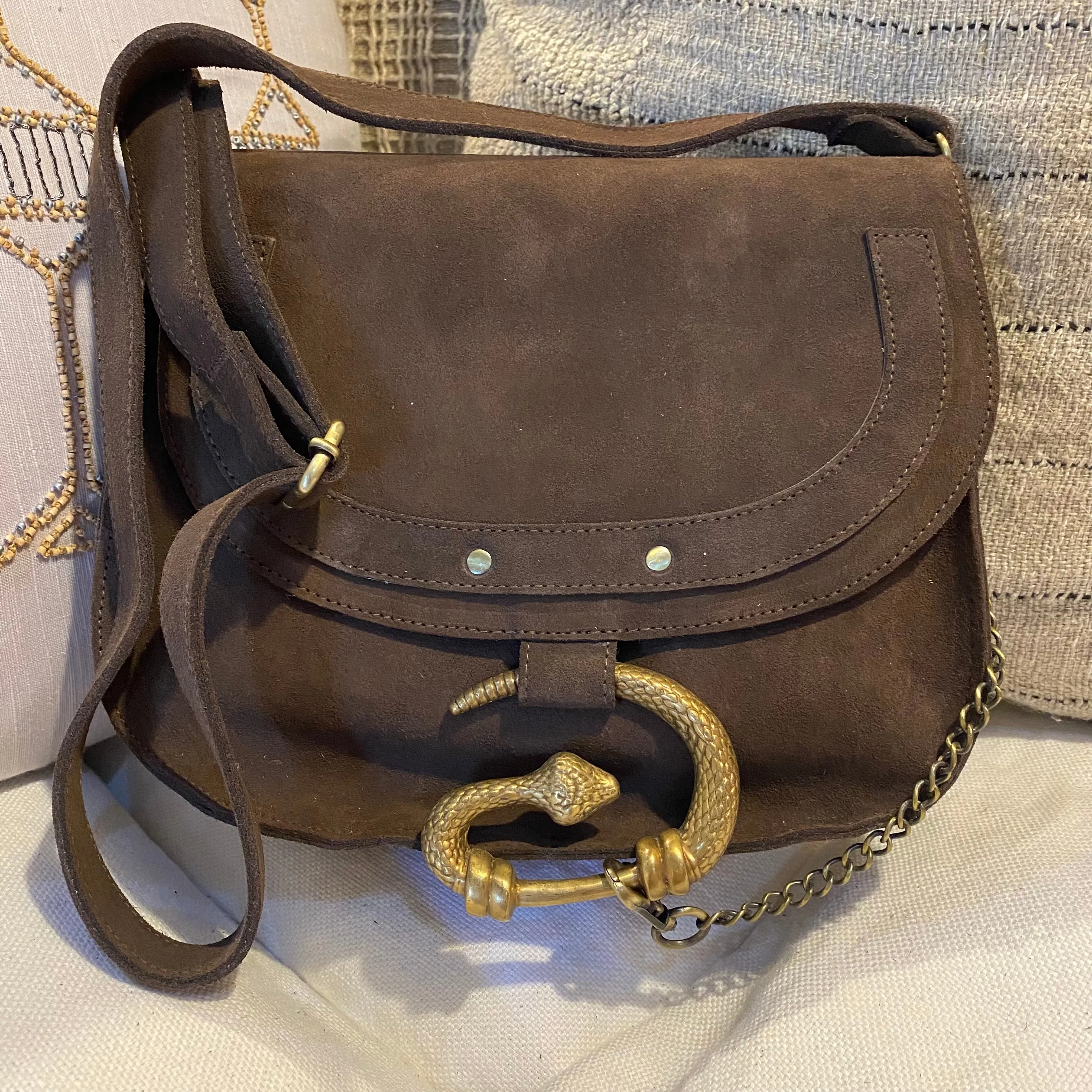 DARK BROWN SUEDE SNAKE BUCKLE BAG - SMALL Default