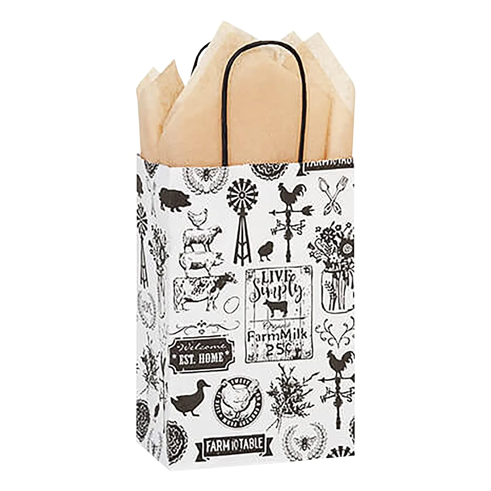 Farmhouse Classics Print Paper Gift Bags and Party Favor Bags, Small 5.25x3.5x8.25" (12 Pack)