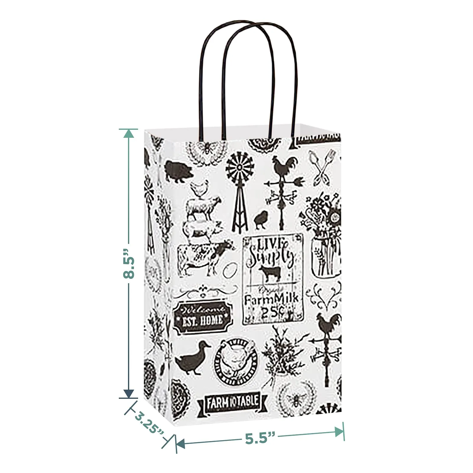 Farmhouse Classics Print Paper Gift Bags and Party Favor Bags, Small 5.25x3.5x8.25" (12 Pack)