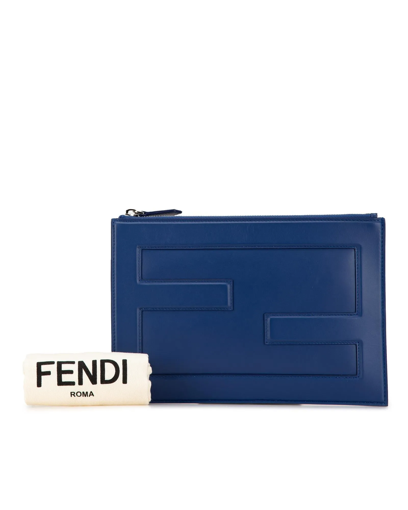 Fendi FF Karligraphy Clutch Blue Leather