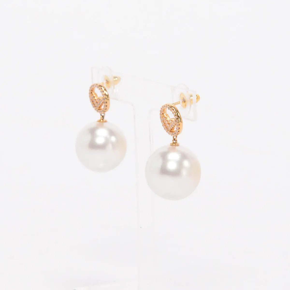 Fendi Gold Tone Crystal & Pearl F is Fendi Drop Earrings