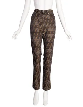 Fendi Vintage 1990s Zucca Brown Black FF Logo Monogram High Waist Pants