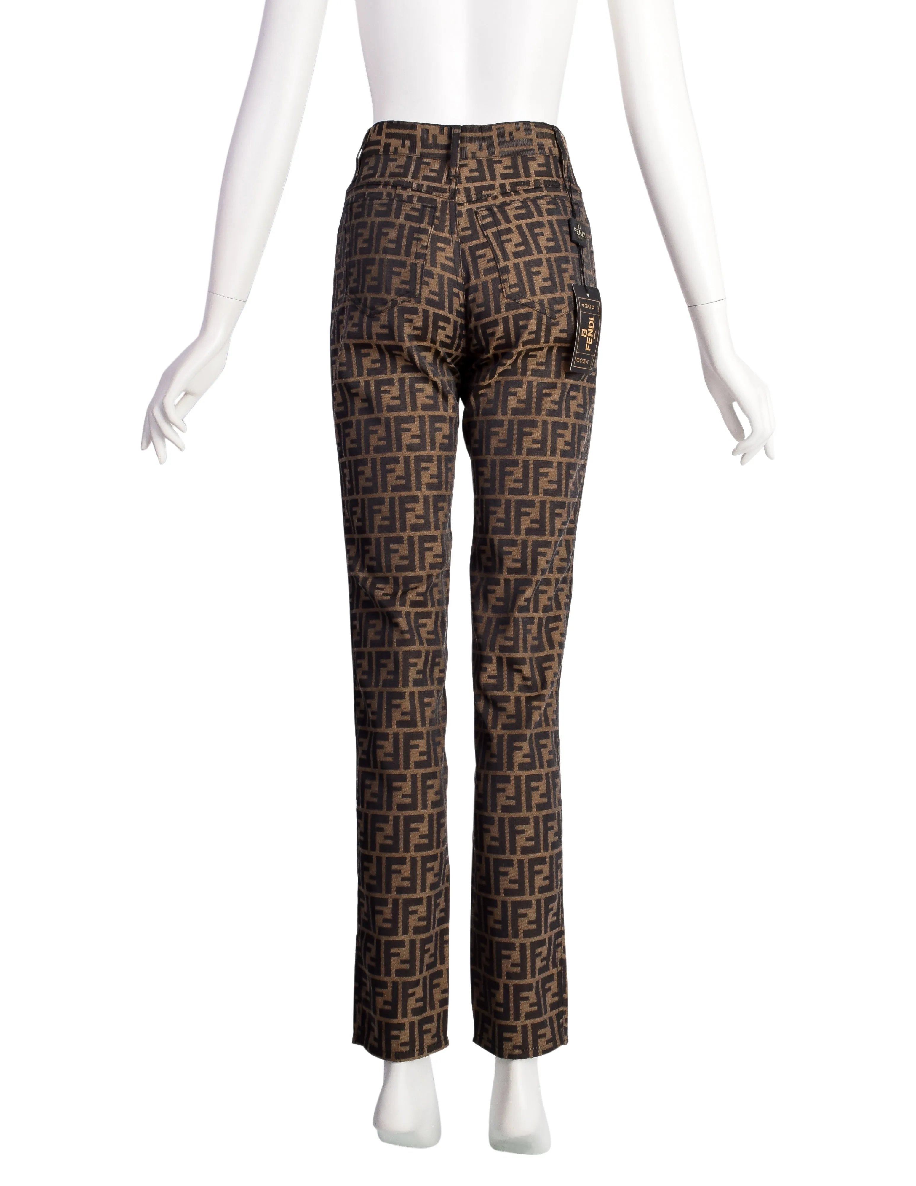 Fendi Vintage 1990s Zucca Brown Black FF Logo Monogram High Waist Pants