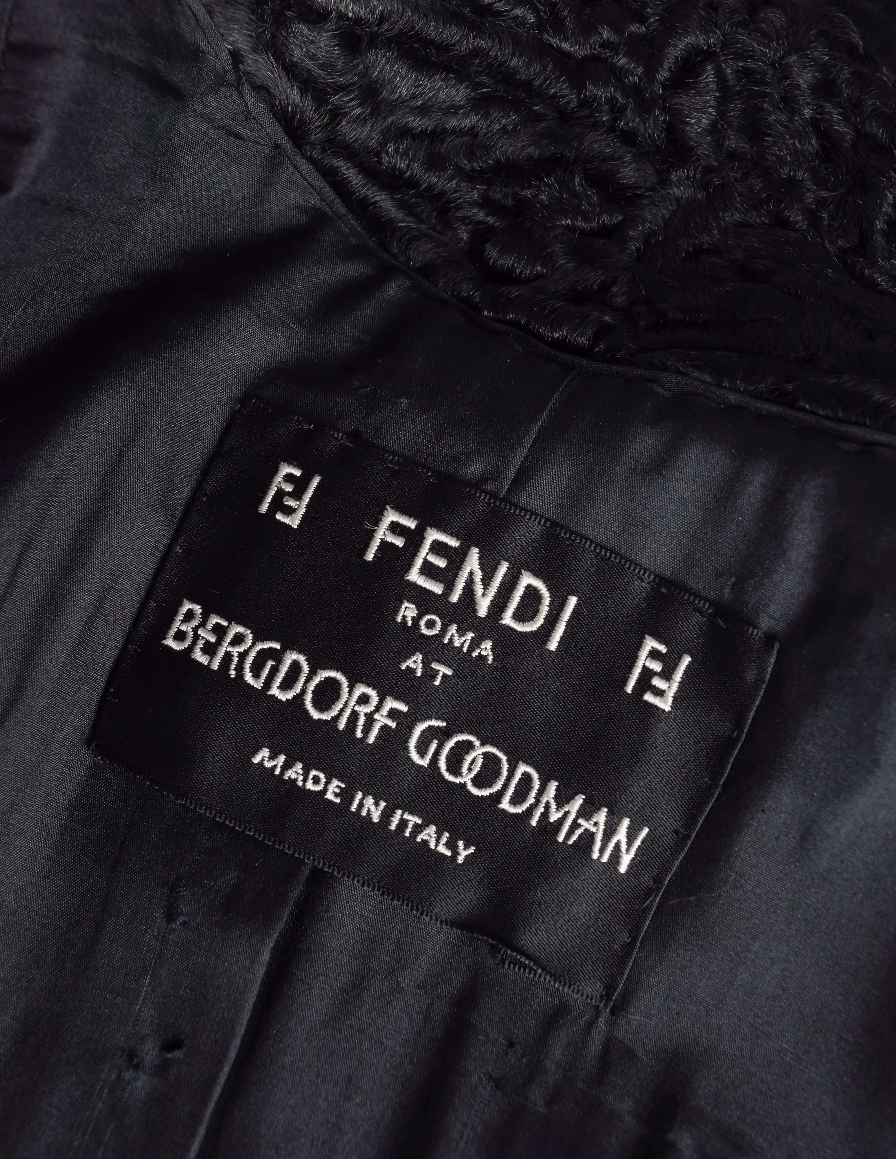 Fendi Vintage Black Persian Lamb Fur Stitched Panel Collared Button Up Coat