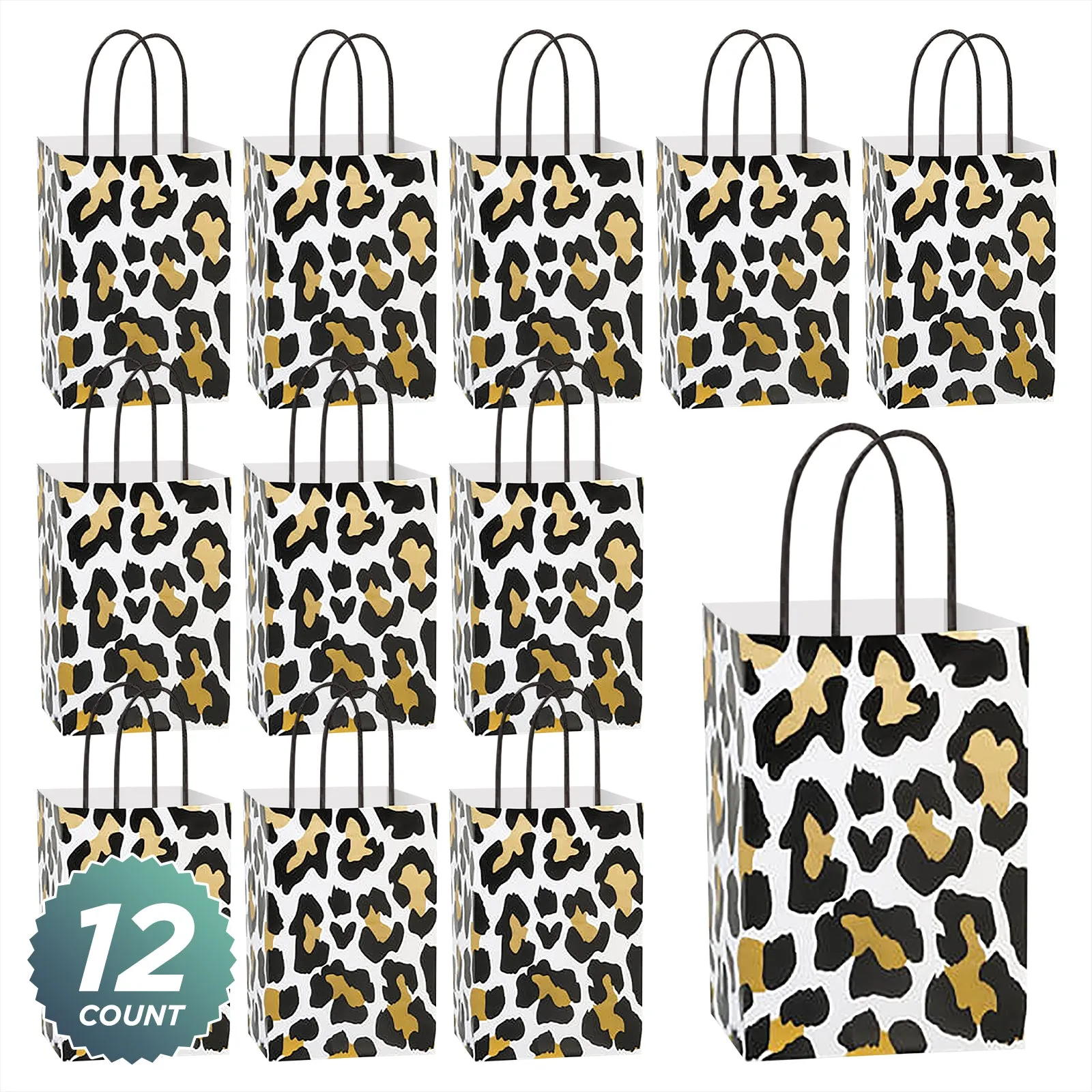 Golden Leopard Print Paper Gift Bags and Party Favor Bags, Small 5.25x3.5x8.25" (12 Pack)