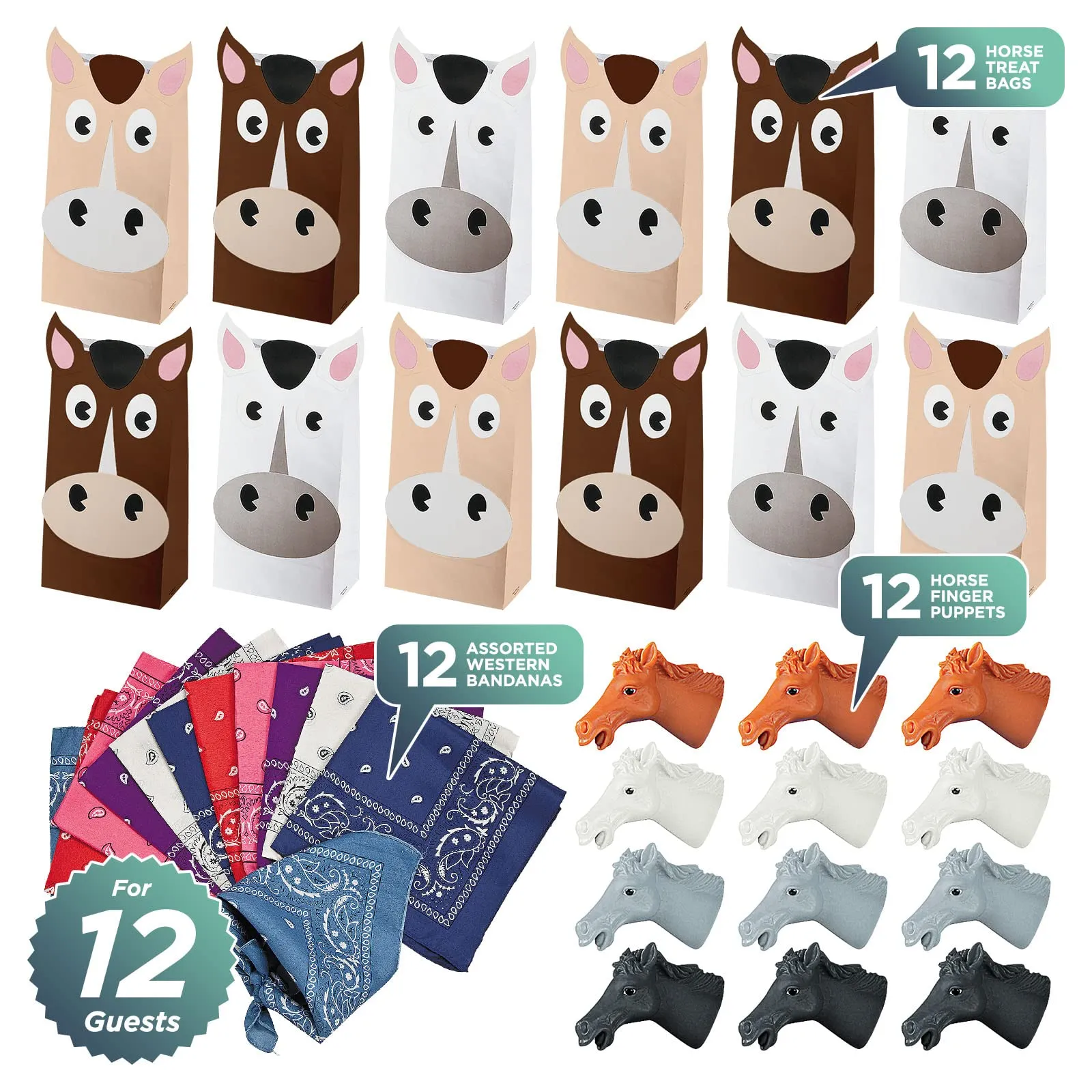 Horse Party Favors - Horse Treat Bags, Horse Figures, and Assorted Bandanas for 12 Guests