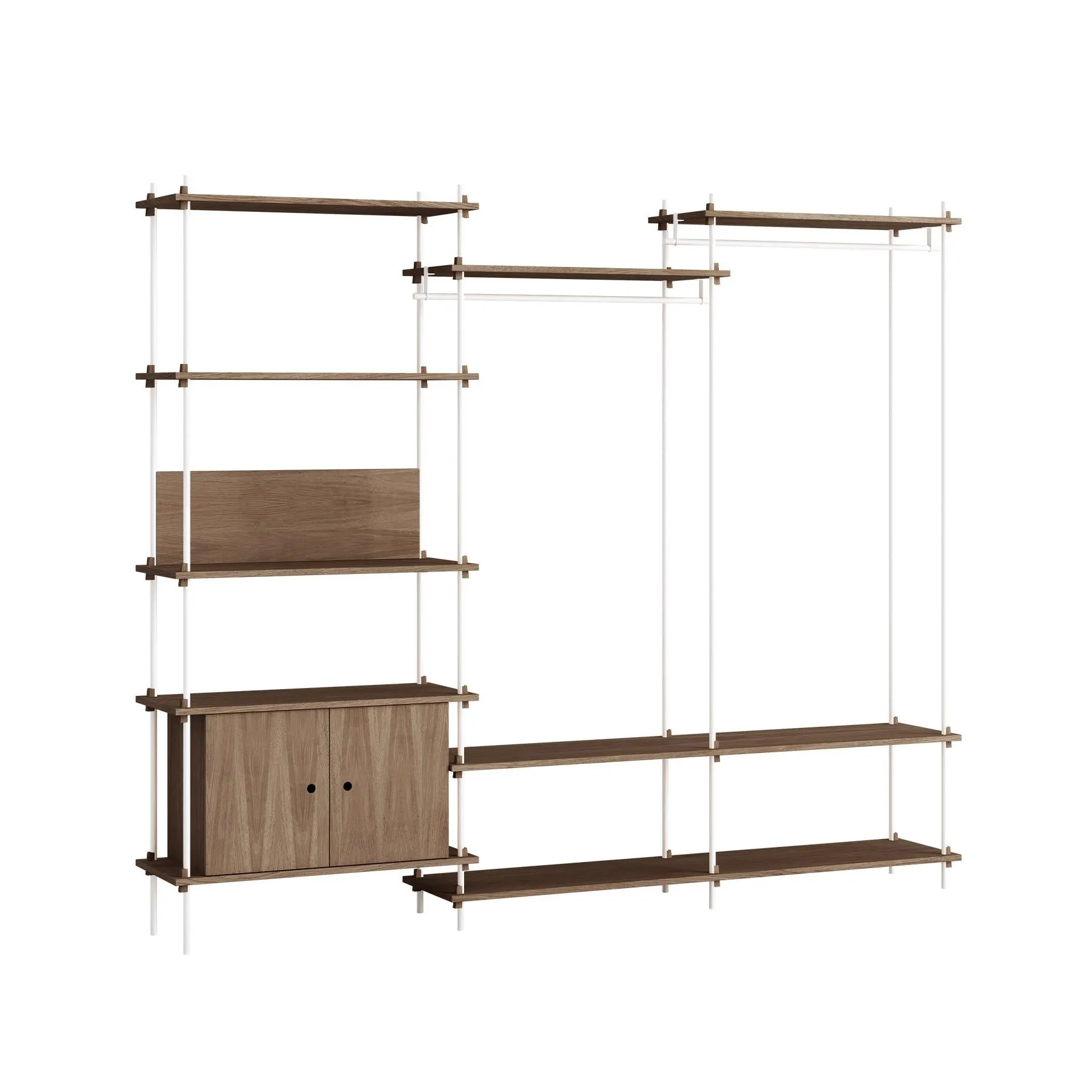 MOEBE triple shelving system, 1 cabinet, 2 open clothes rails