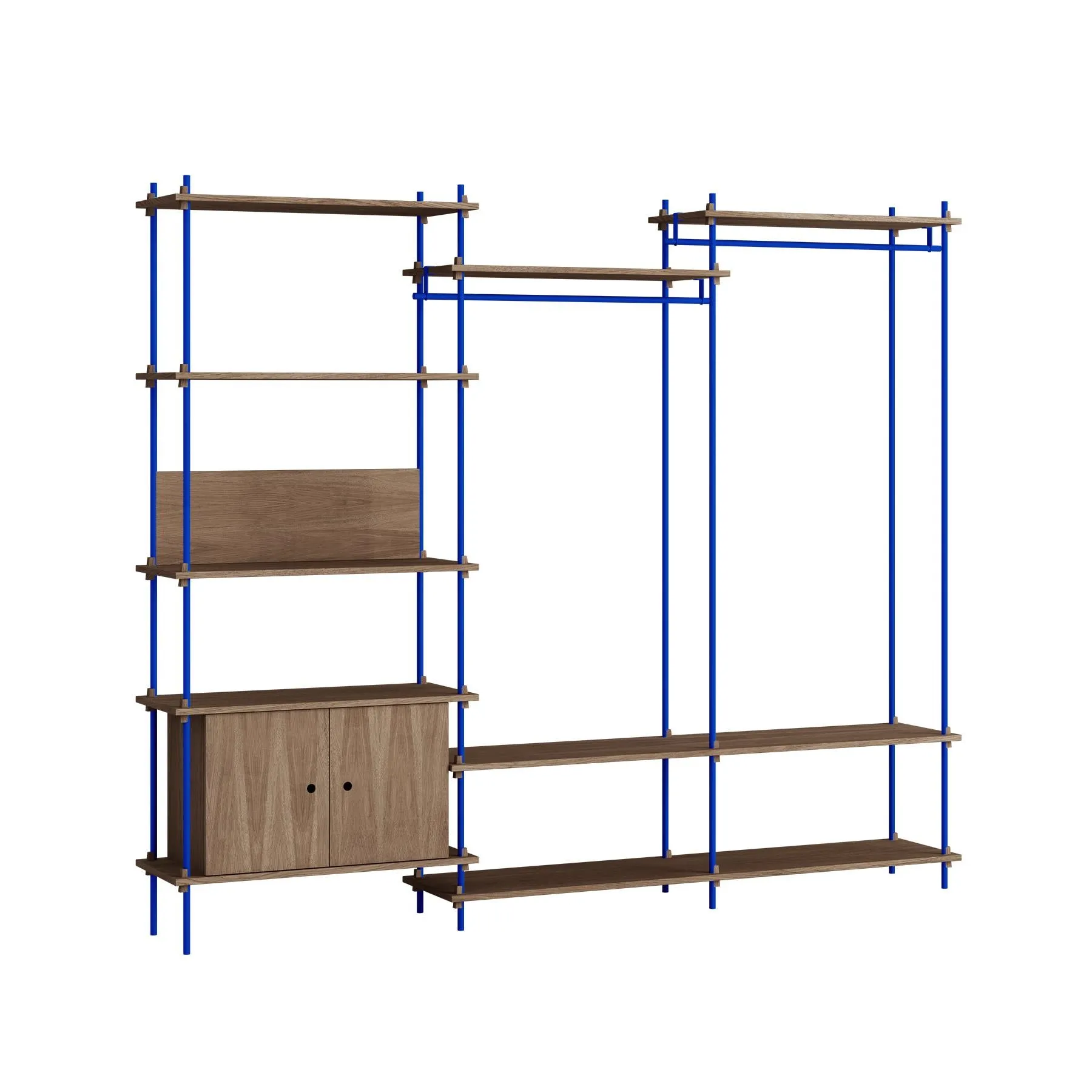 MOEBE triple shelving system, 1 cabinet, 2 open clothes rails