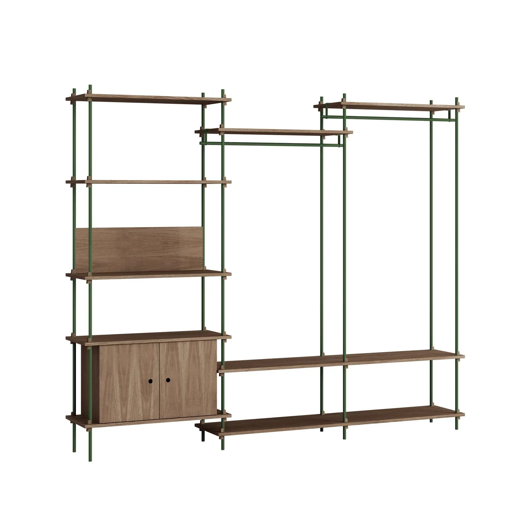 MOEBE triple shelving system, 1 cabinet, 2 open clothes rails