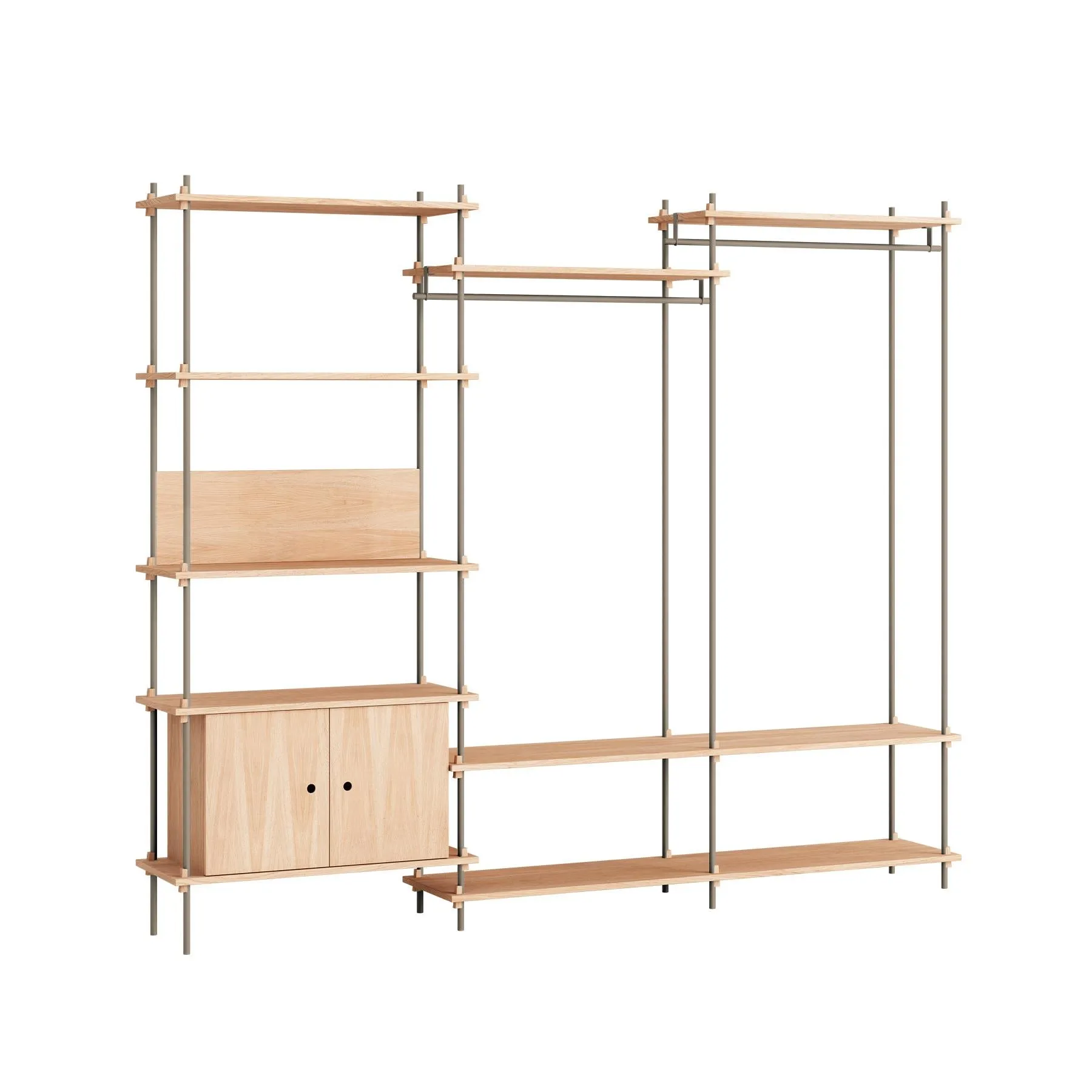 MOEBE triple shelving system, 1 cabinet, 2 open clothes rails