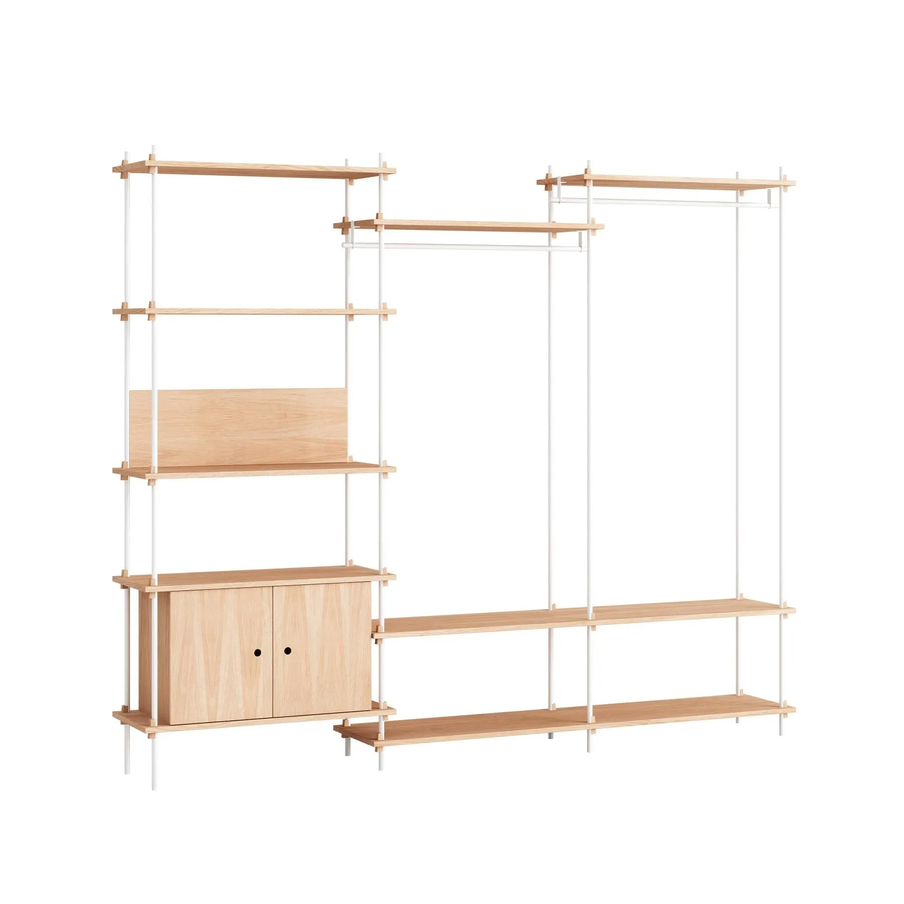 MOEBE triple shelving system, 1 cabinet, 2 open clothes rails