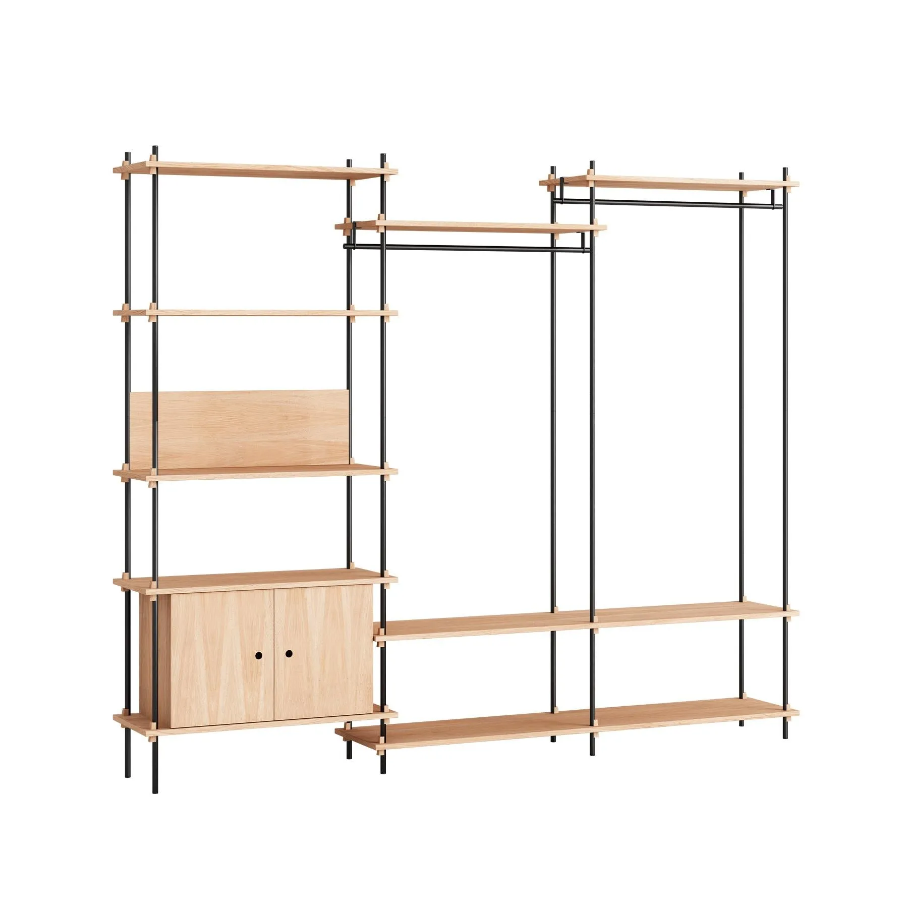 MOEBE triple shelving system, 1 cabinet, 2 open clothes rails