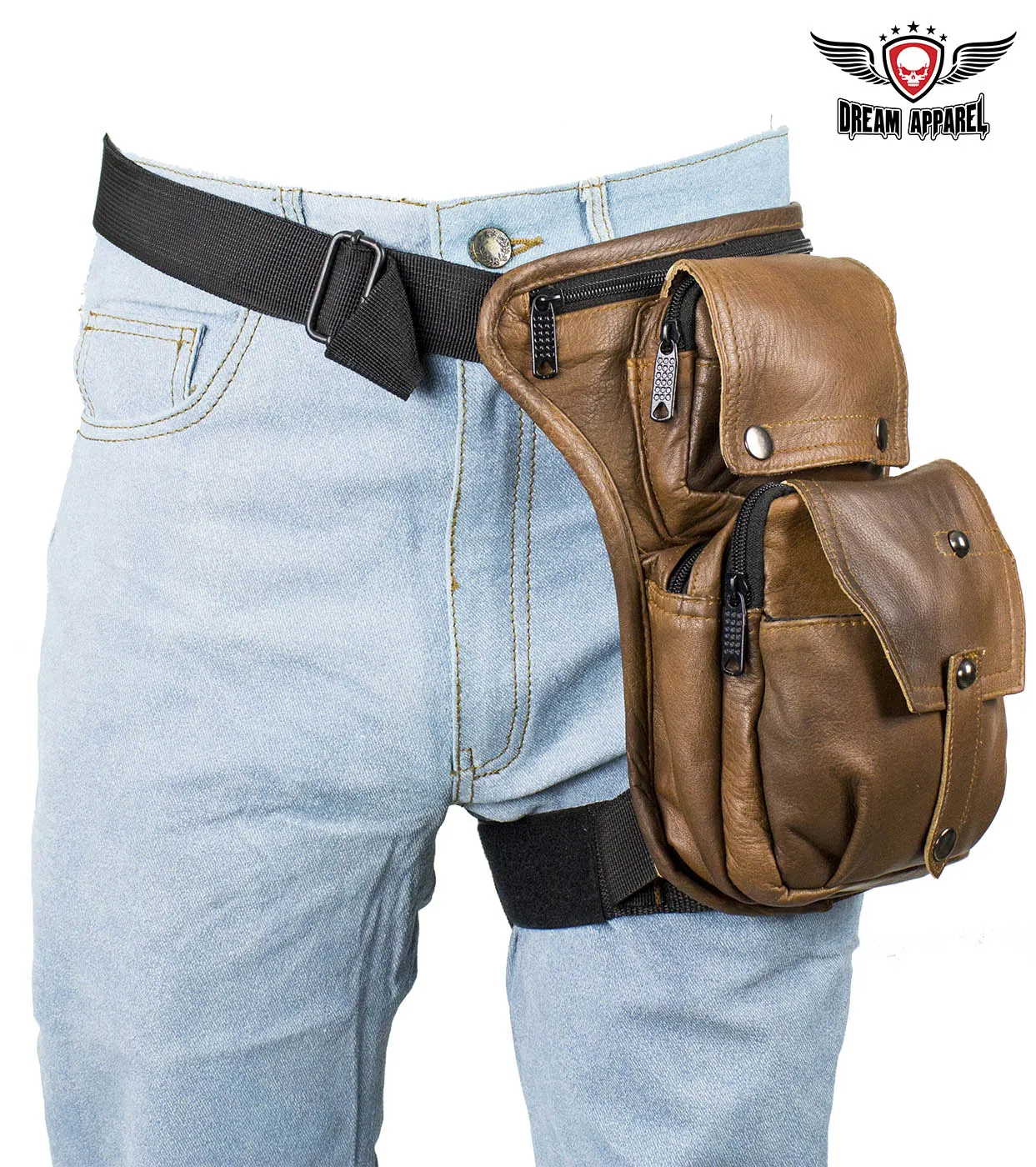 Premier Brown Leather Multi Pocket Thigh Bags with Gun Pocket