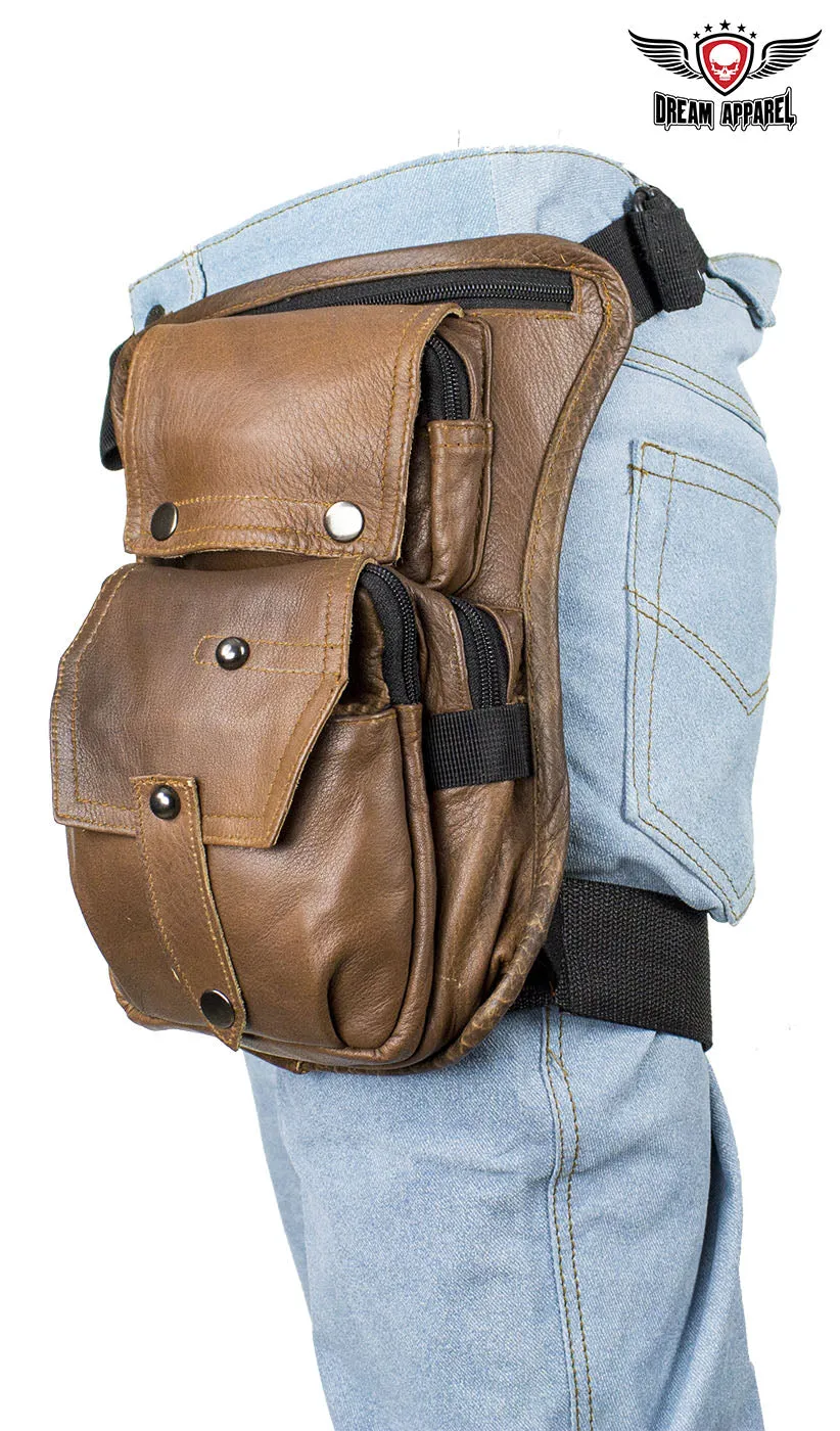 Premier Brown Leather Multi Pocket Thigh Bags with Gun Pocket