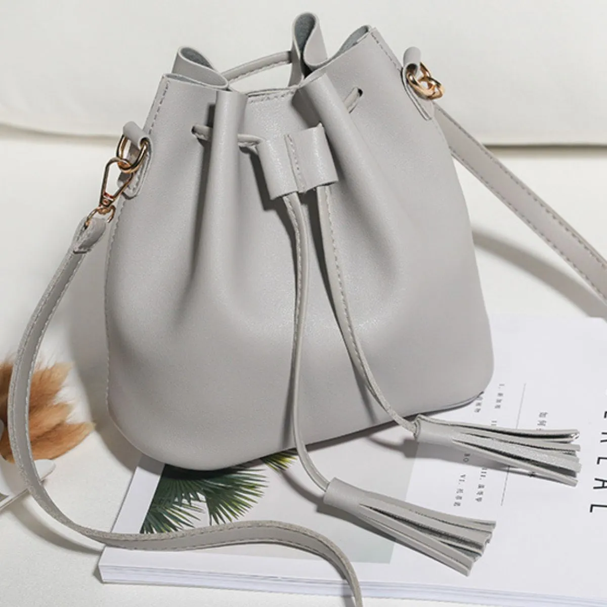 PU Leather Bucket Bag with Tassel