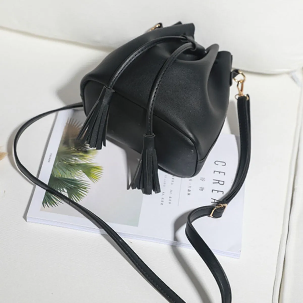 PU Leather Bucket Bag with Tassel