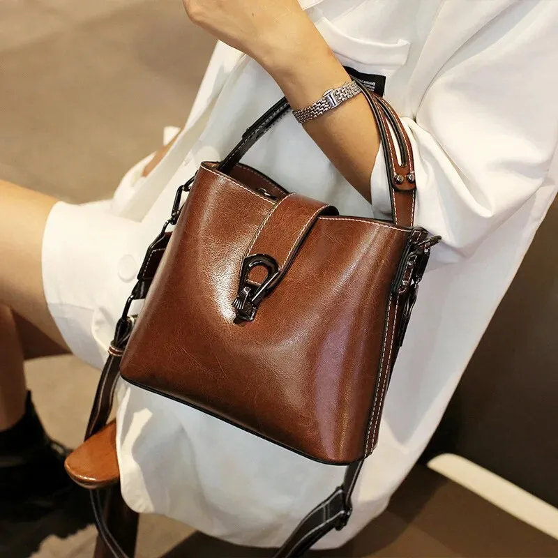 Real Oil Wax Leather Bucket Bag