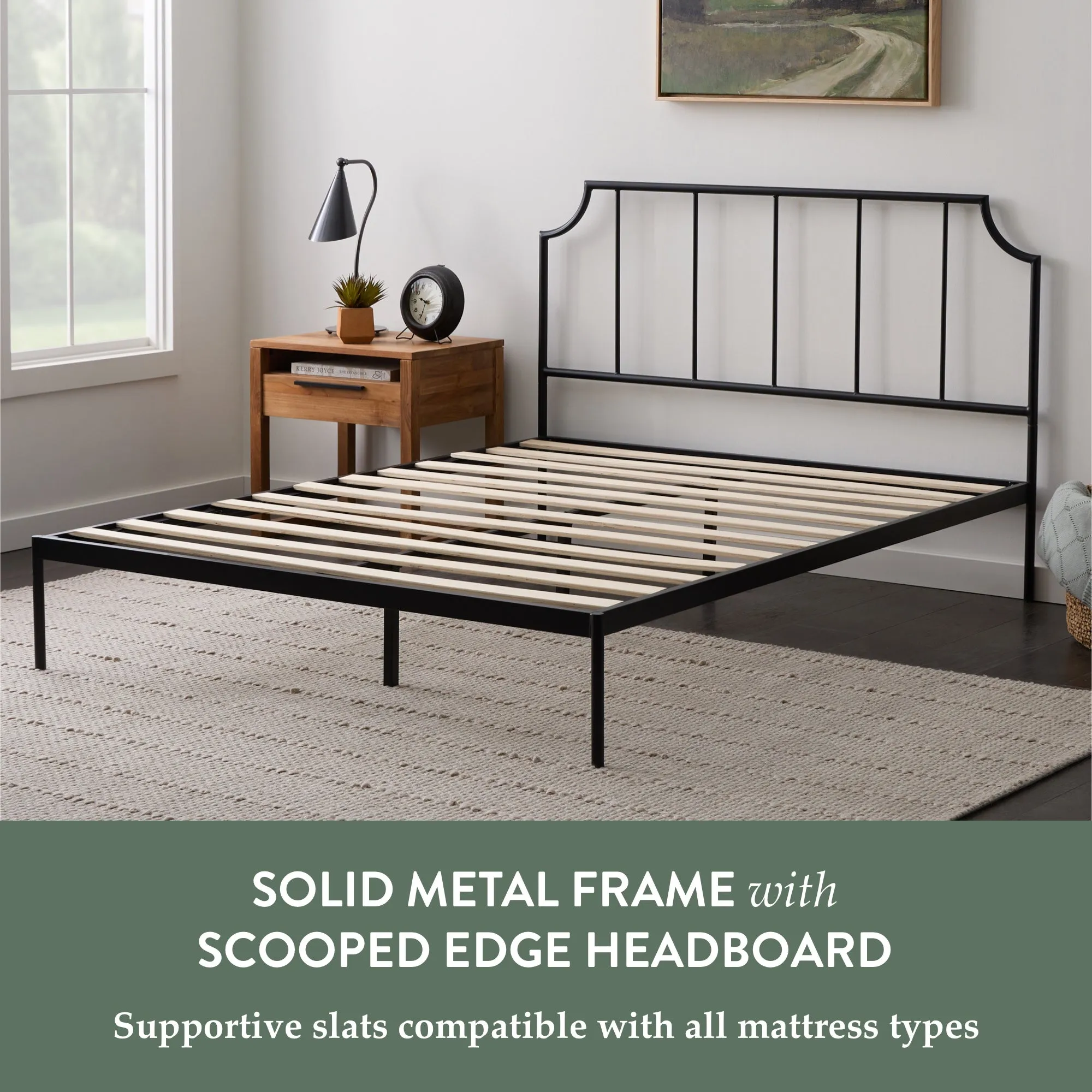 Sydney Platform Metal Bed with Scooped Accent Vertical Bar Headboard