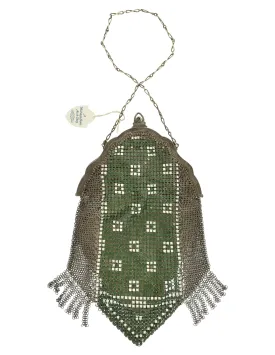 Whiting & Davis Vintage 1920s Green White Silver Art Deco Enamel Chainmail Fringed Flapper Handbag