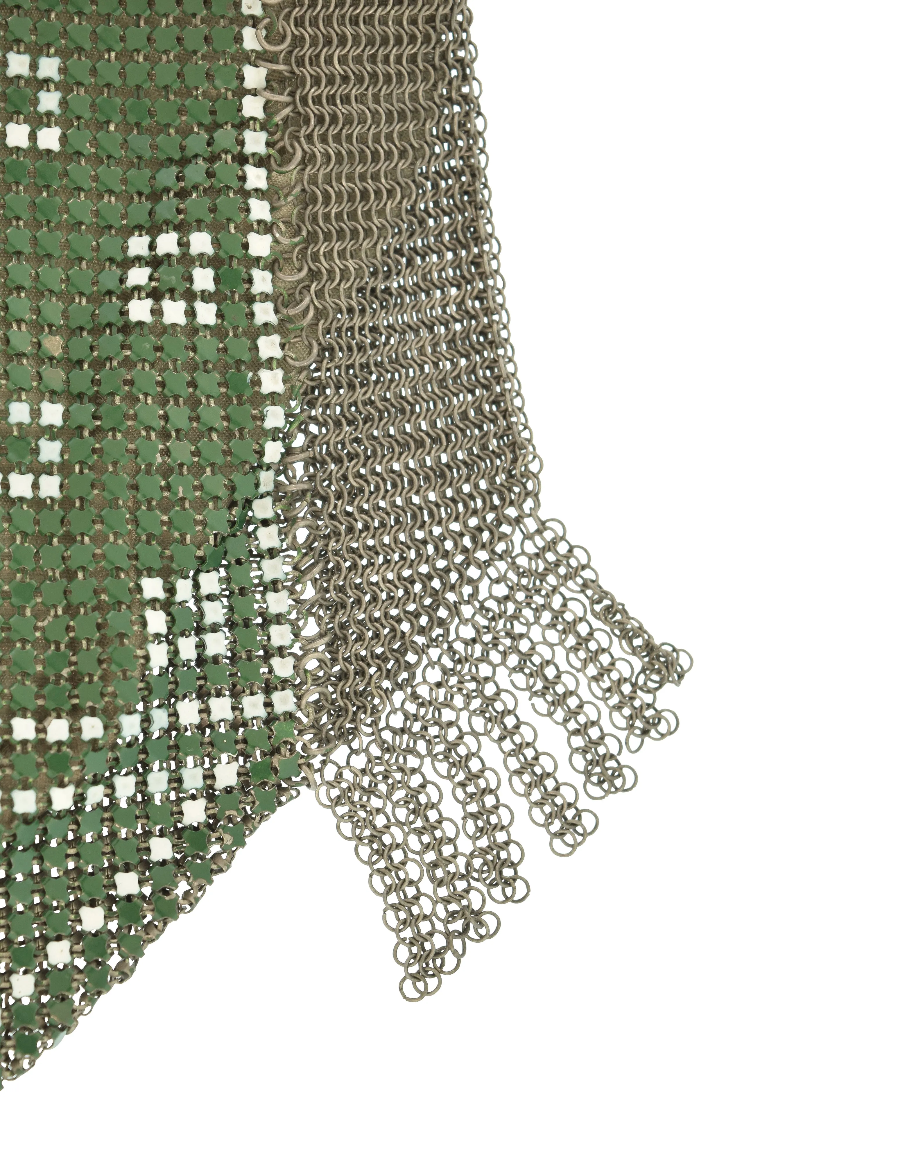 Whiting & Davis Vintage 1920s Green White Silver Art Deco Enamel Chainmail Fringed Flapper Handbag