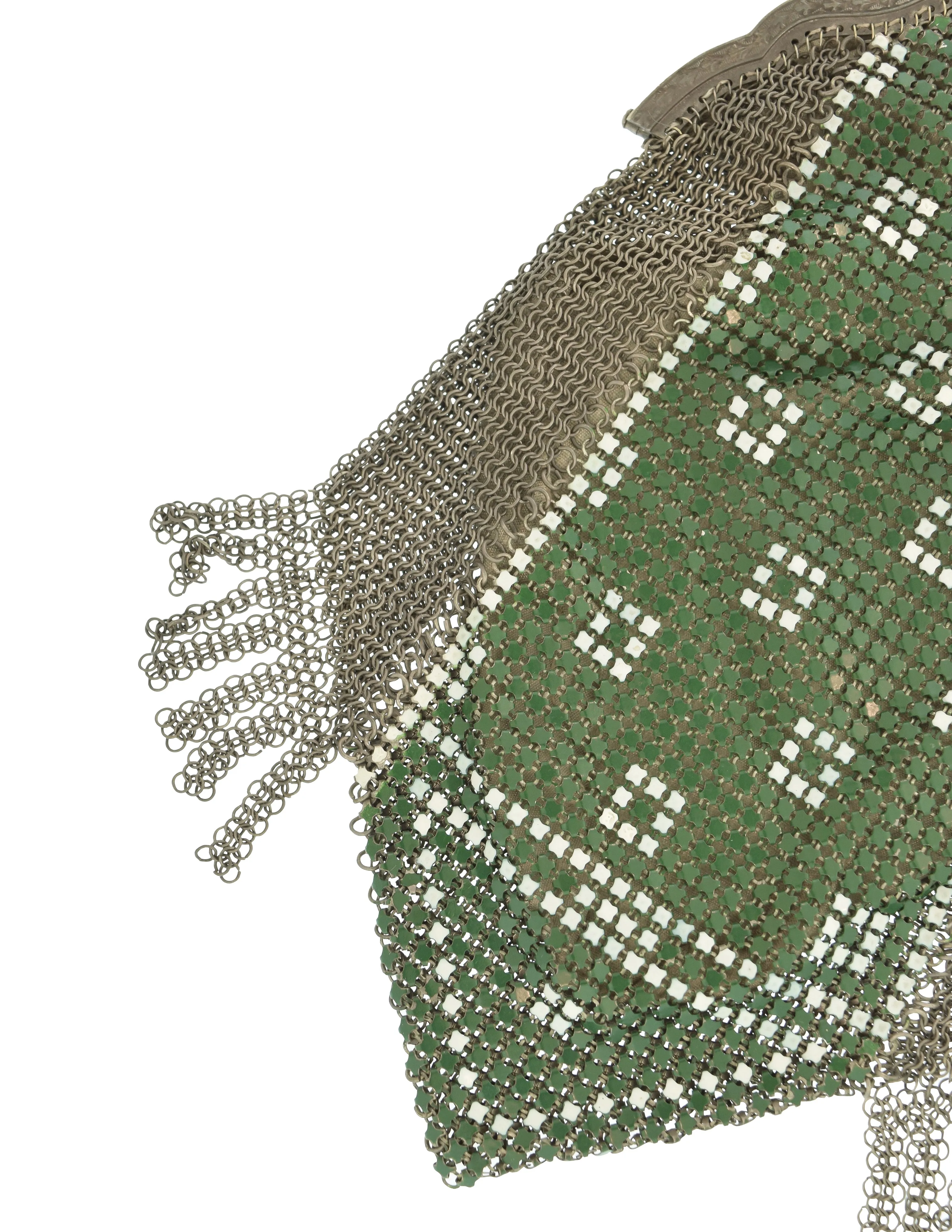 Whiting & Davis Vintage 1920s Green White Silver Art Deco Enamel Chainmail Fringed Flapper Handbag