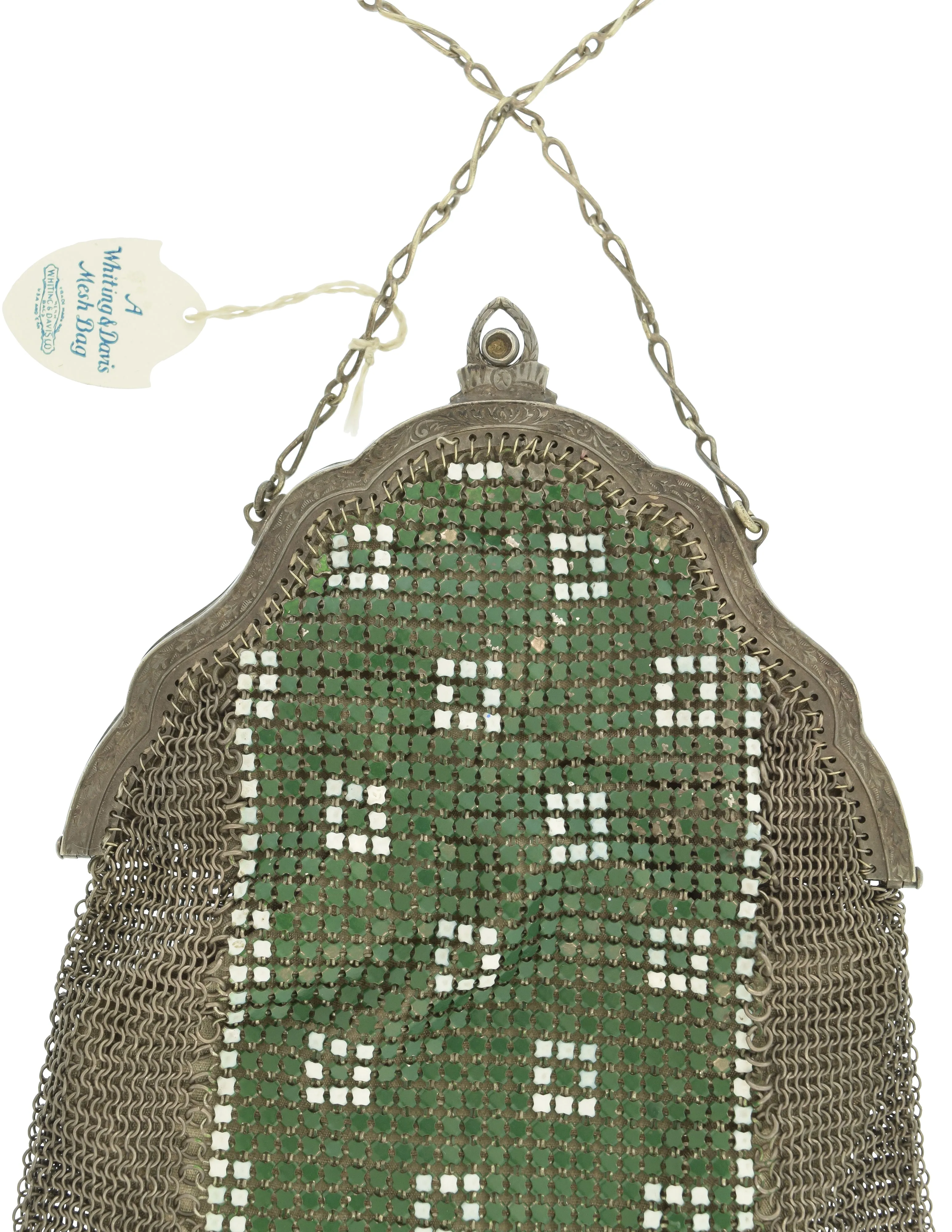 Whiting & Davis Vintage 1920s Green White Silver Art Deco Enamel Chainmail Fringed Flapper Handbag