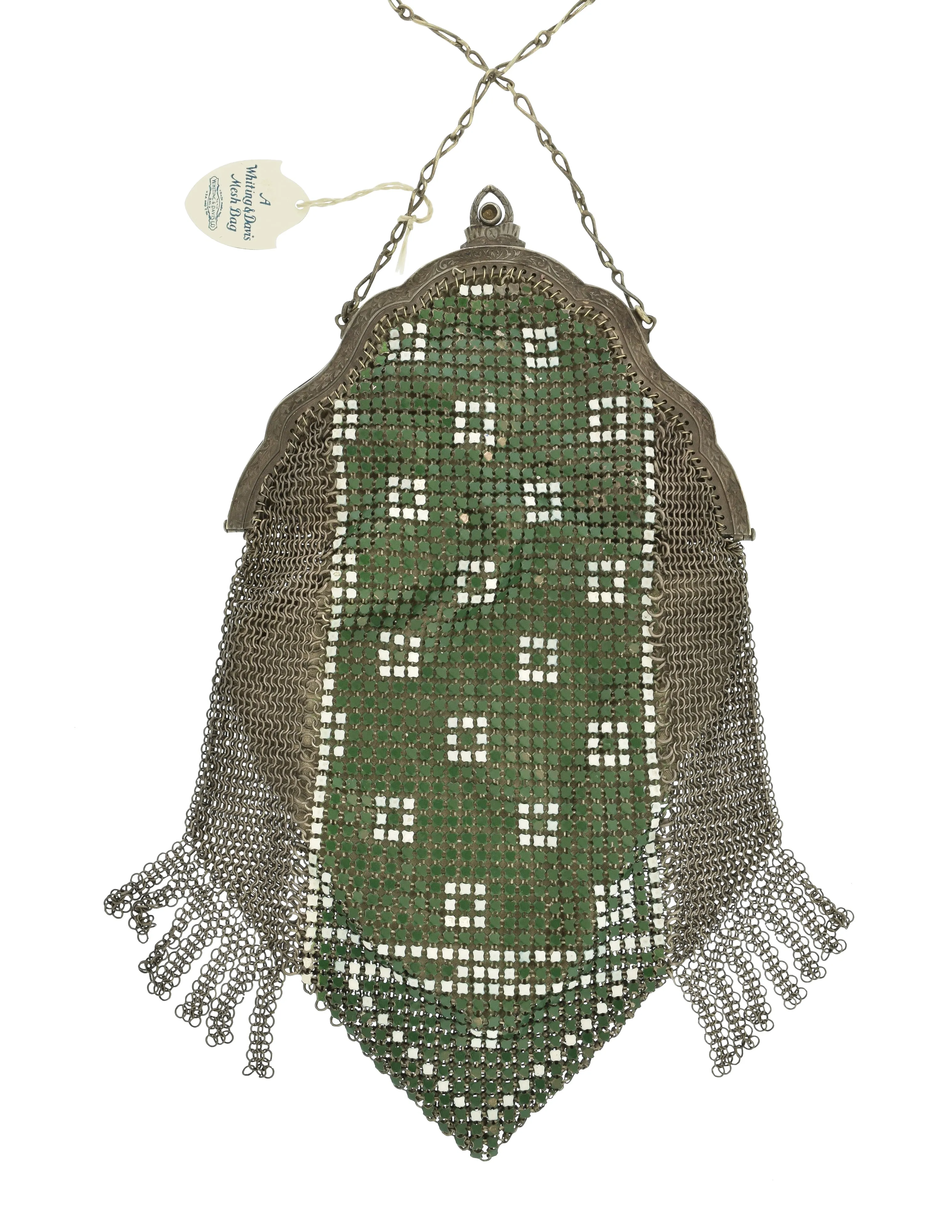 Whiting & Davis Vintage 1920s Green White Silver Art Deco Enamel Chainmail Fringed Flapper Handbag